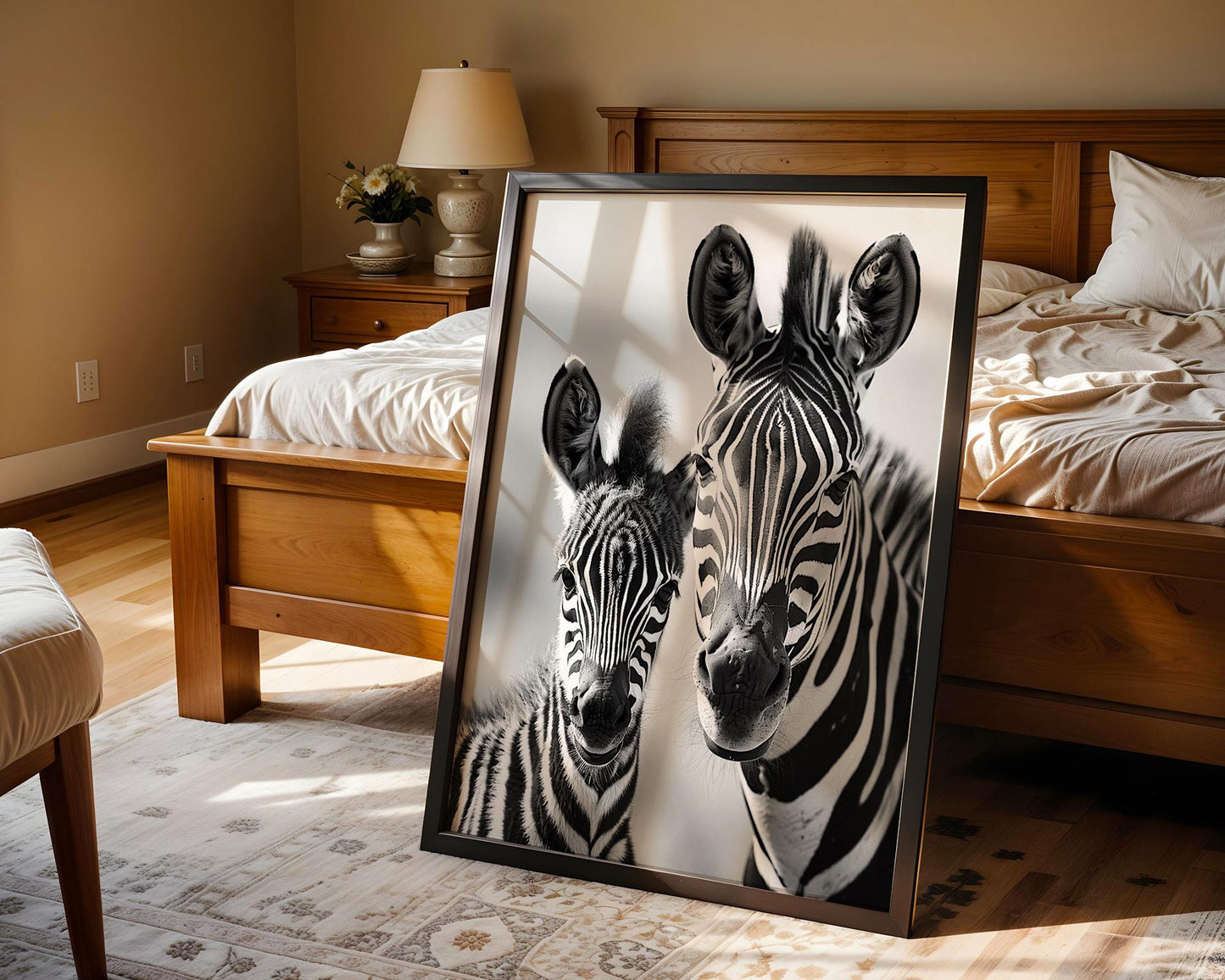 Wildlife Poster | Zebra Mother and Foal Print • Black & White Safari Photography wall art print, minimalist black and white poster, modern Scandinavian wall decor, Monohaus