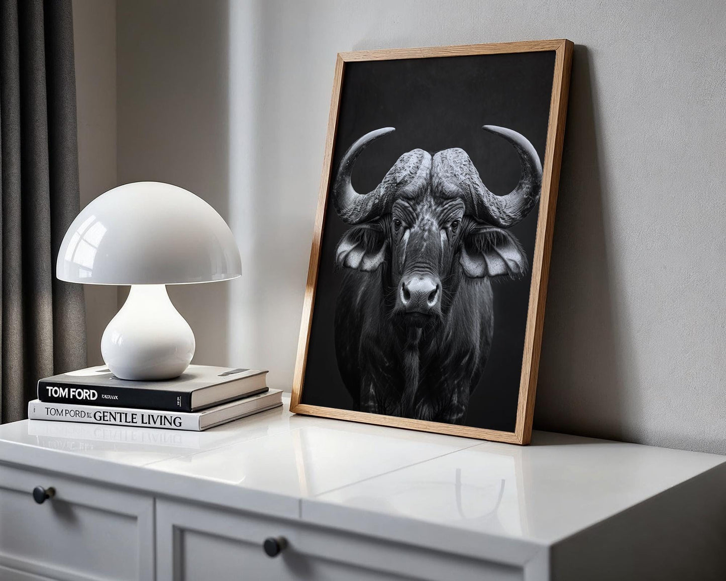 Wildlife Poster | Buffalo Portrait Print | Black & White African Photography wall art print, minimalist black and white poster, modern Scandinavian wall decor, Monohaus