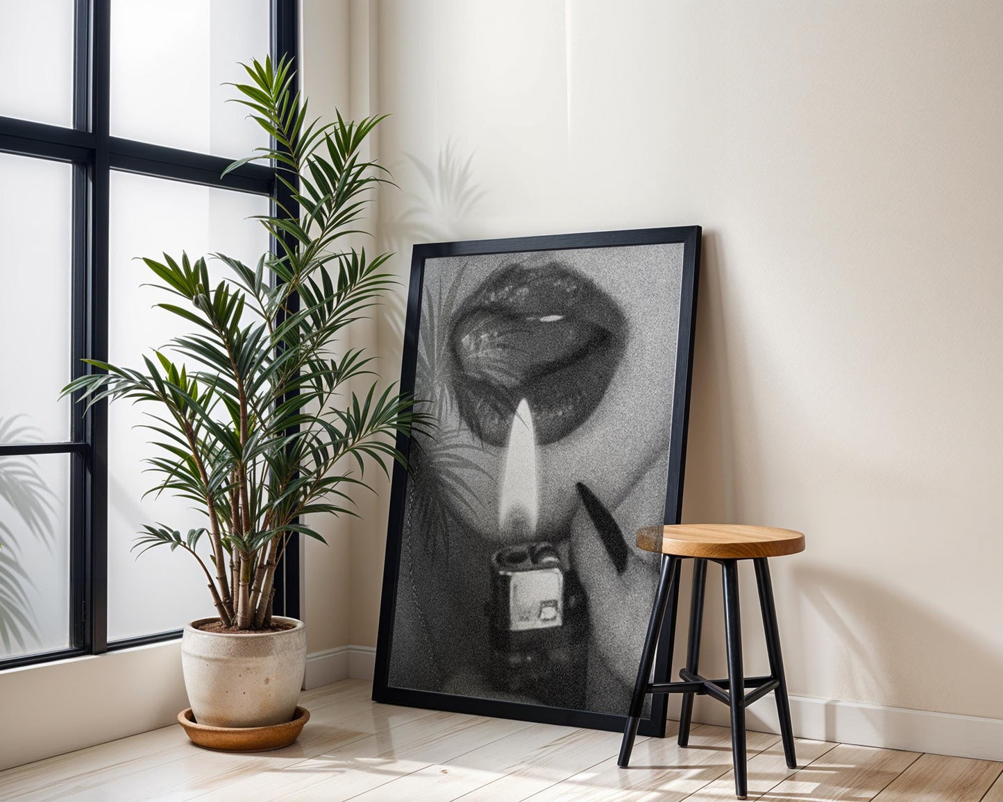 Designer Wall Art | Lips with Lighter Photography | Black and White Seductive wall art print, minimalist black and white poster, modern Scandinavian wall decor, Monohaus