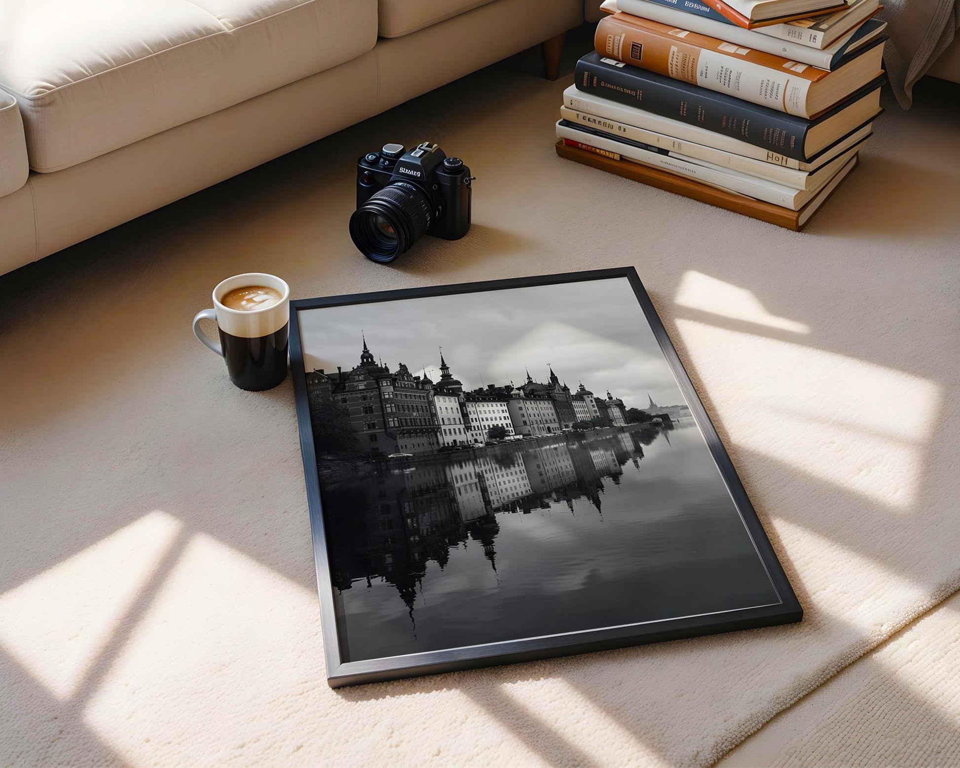 World Landmark | Stockholm Waterfront Print | Black and White Photography, Nordic Architecture wall art print, black and white architectural poster, minimalist modern Scandinavian wall decor, Monohaus