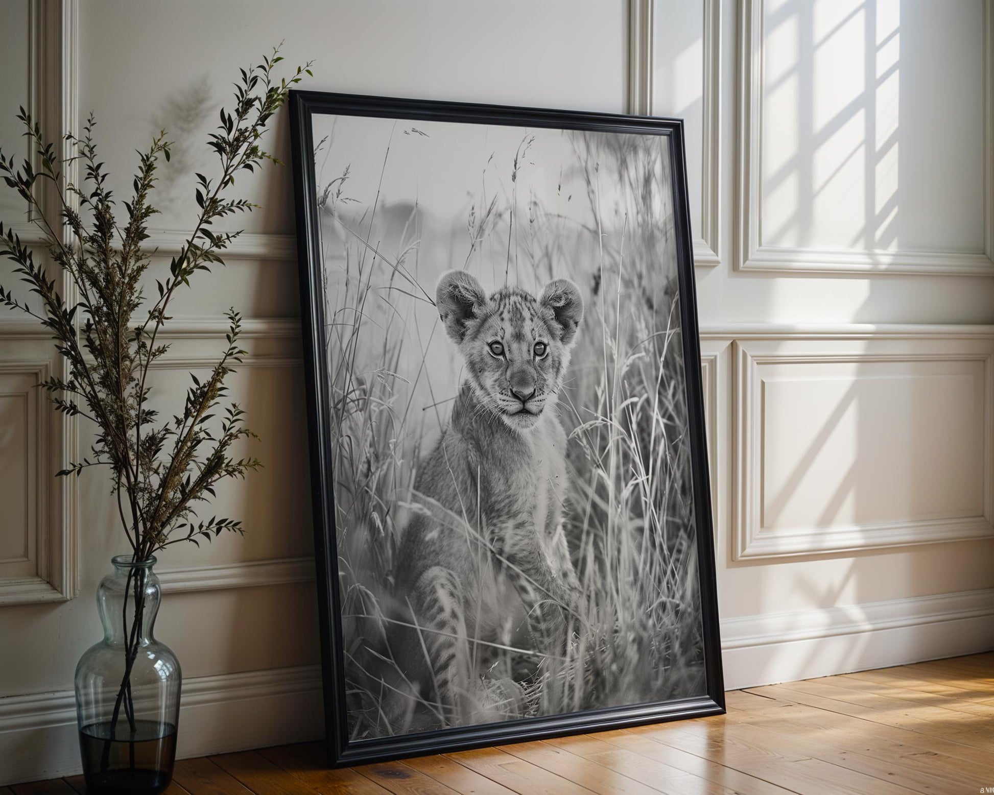 Wildlife Poster | Lion Cub Print | Black & White Safari Photography Wall Art wall art print, minimalist black and white poster, modern Scandinavian wall decor, Monohaus