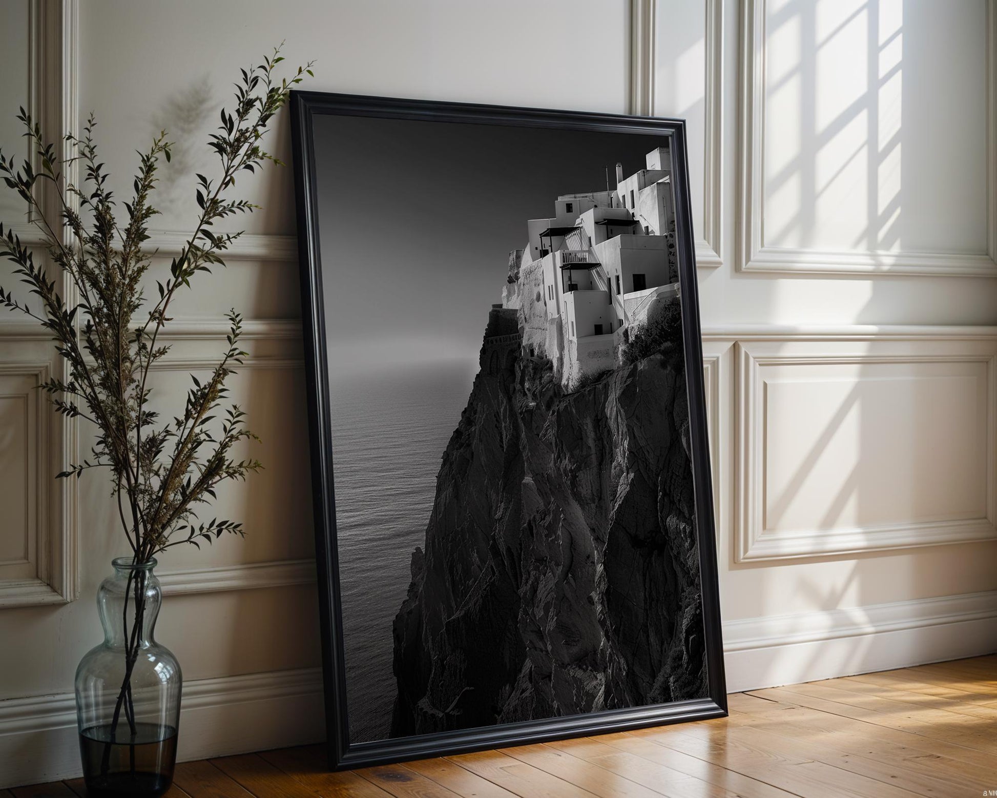 World Landmark | Santorini Cliff Houses Print | Black and White Greece Architecture wall art print, black and white architectural poster, minimalist modern Scandinavian wall decor, Monohaus