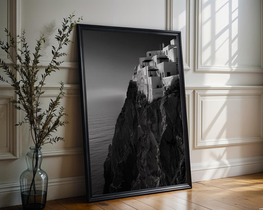 World Landmark | Santorini Cliff Houses Print | Black and White Greece Architecture wall art print, black and white architectural poster, minimalist modern Scandinavian wall decor, Monohaus