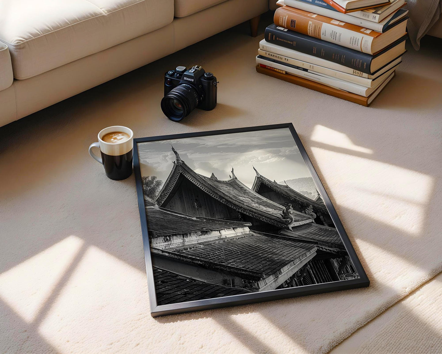 World Landmark | Laos Temple Roof Print | Luang Prabang Architecture Photography wall art print, black and white architectural poster, minimalist modern Scandinavian wall decor, Monohaus