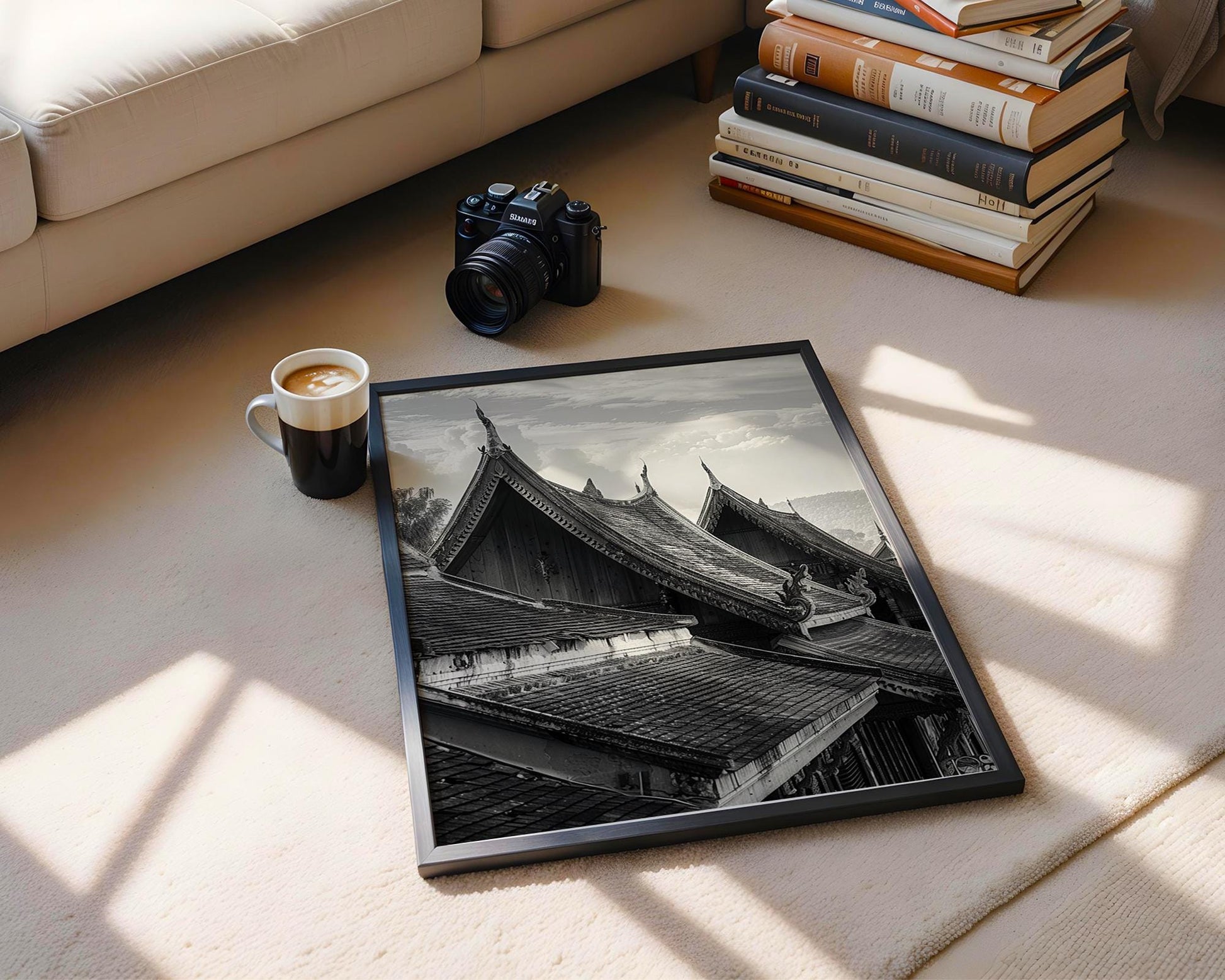 World Landmark | Laos Temple Roof Print | Luang Prabang Architecture Photography wall art print, black and white architectural poster, minimalist modern Scandinavian wall decor, Monohaus