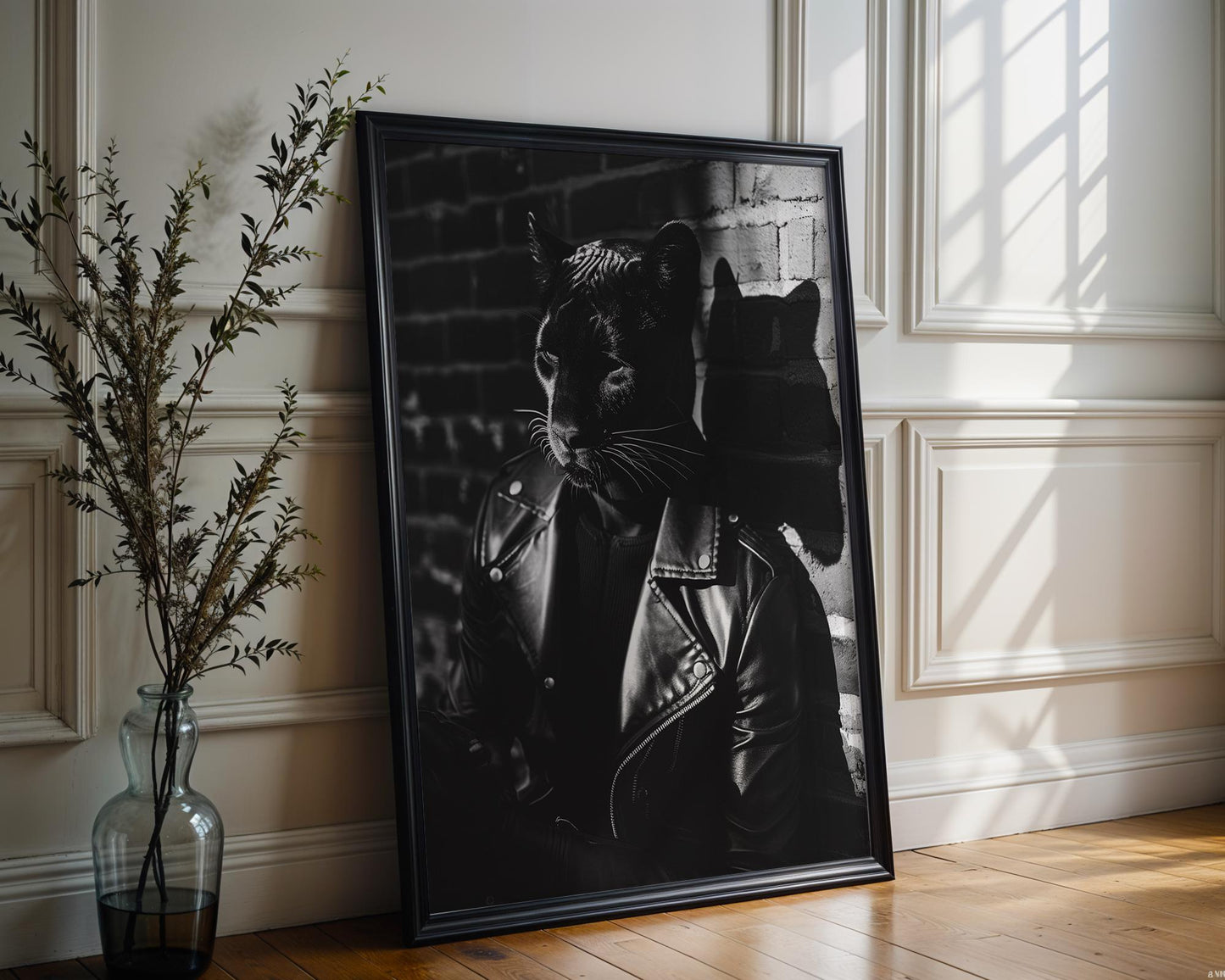 Minimal Wall Art Panther in Leather Jacket Print | Black and White Urban Animal Portrait black and white photo print, minimalist monochrome wall art poster for modern interiors, Monohaus