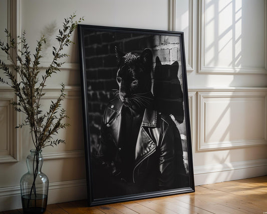 Minimal Wall Art Panther in Leather Jacket Print | Black and White Urban Animal Portrait black and white photo print, minimalist monochrome wall art poster for modern interiors, Monohaus