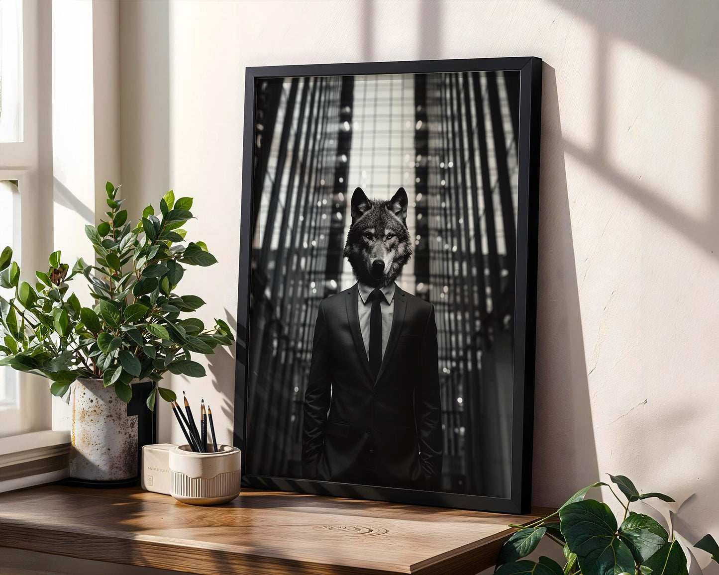 Designer Wall Art | Black and White Surreal Photography | Wolf Head in Suit wall art print, minimalist black and white poster, modern Scandinavian wall decor, Monohaus