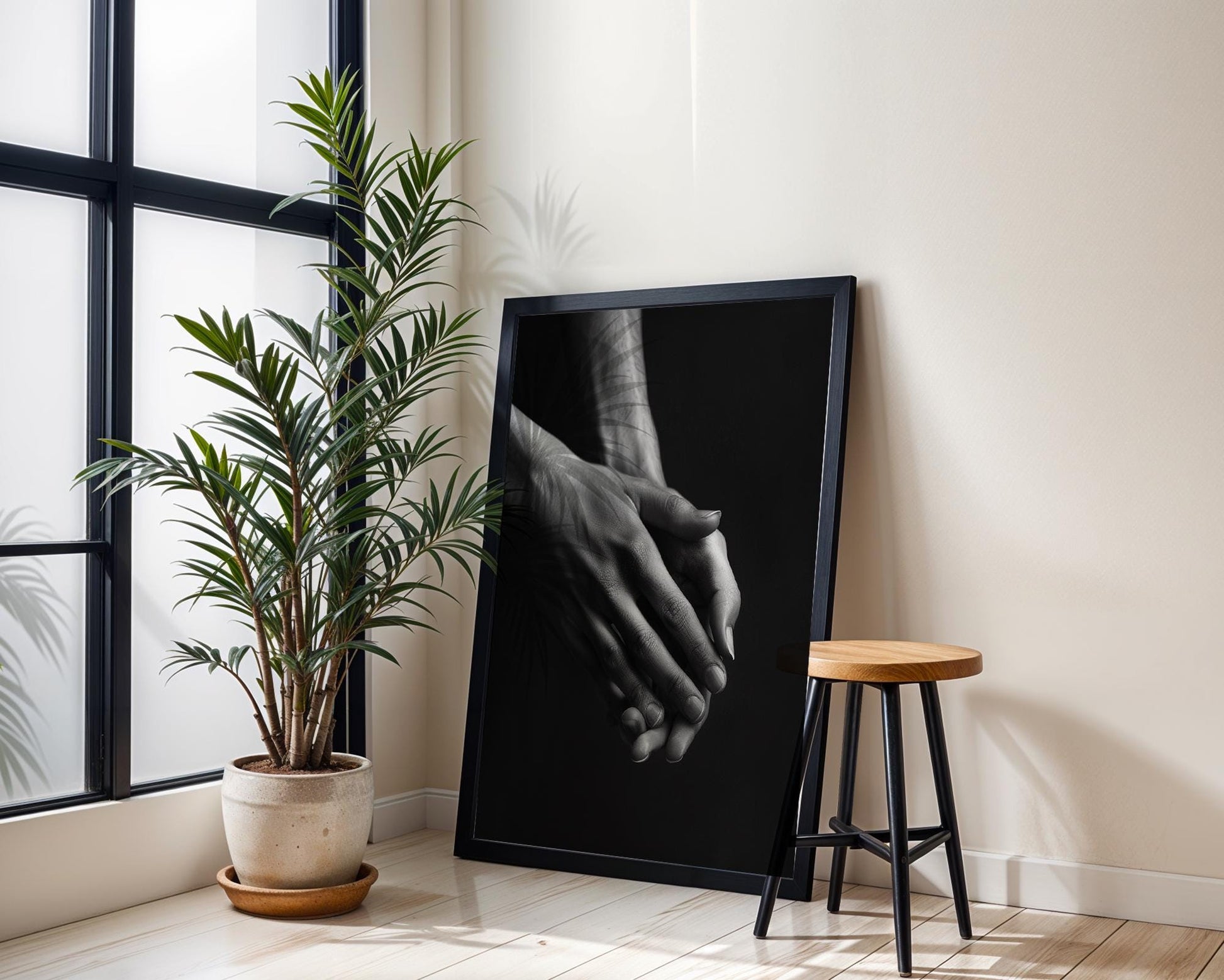 Minimal Wall Art Intimate Hands Print | Moody Black and White Photography wall art print, minimalist black and white poster, modern Scandinavian wall decor, Monohaus