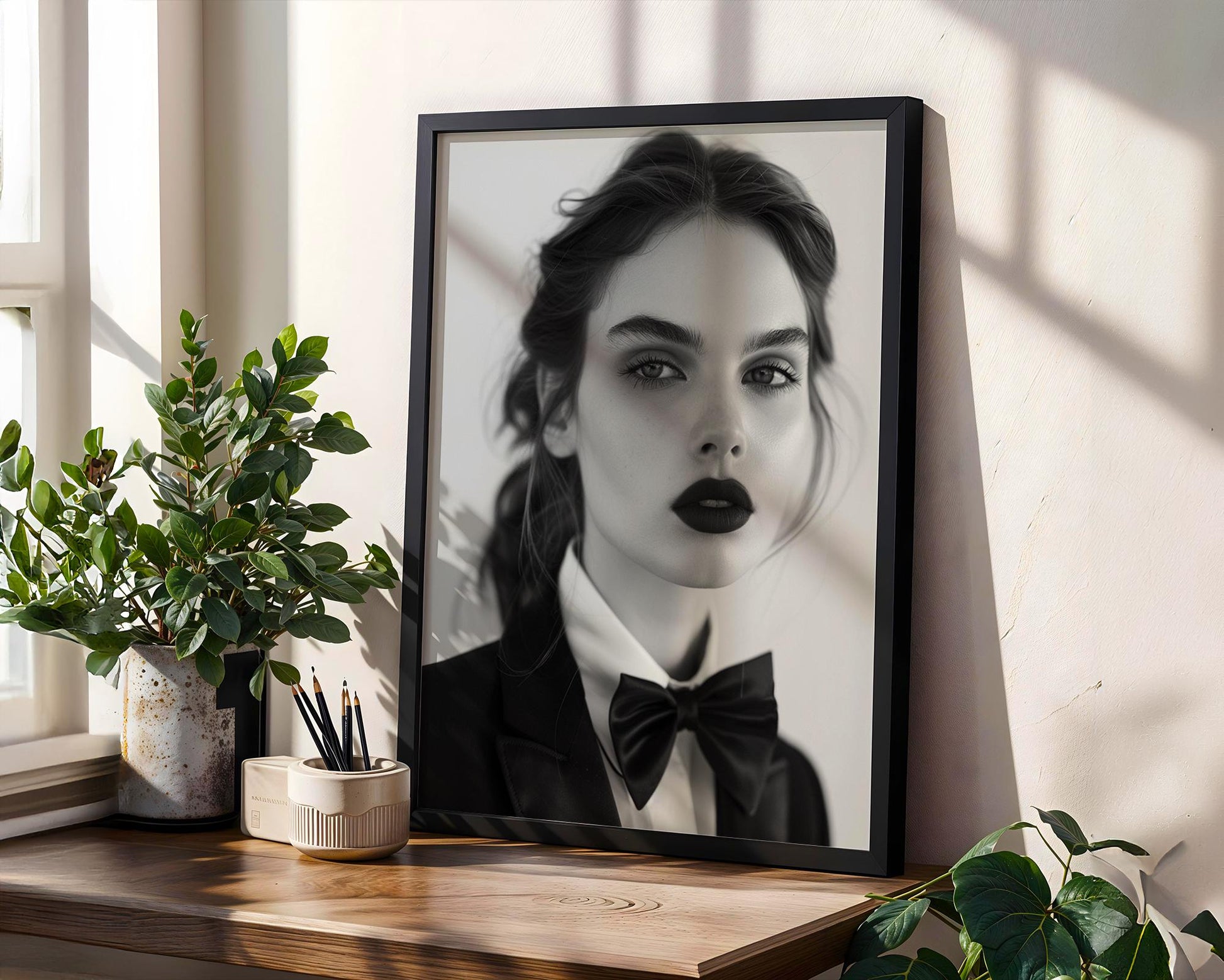 Minimal Wall Art Black and White Woman Portrait | Bow Tie, Suit, Fine Art Print wall art print, minimalist black and white poster, modern Scandinavian wall decor, Monohaus