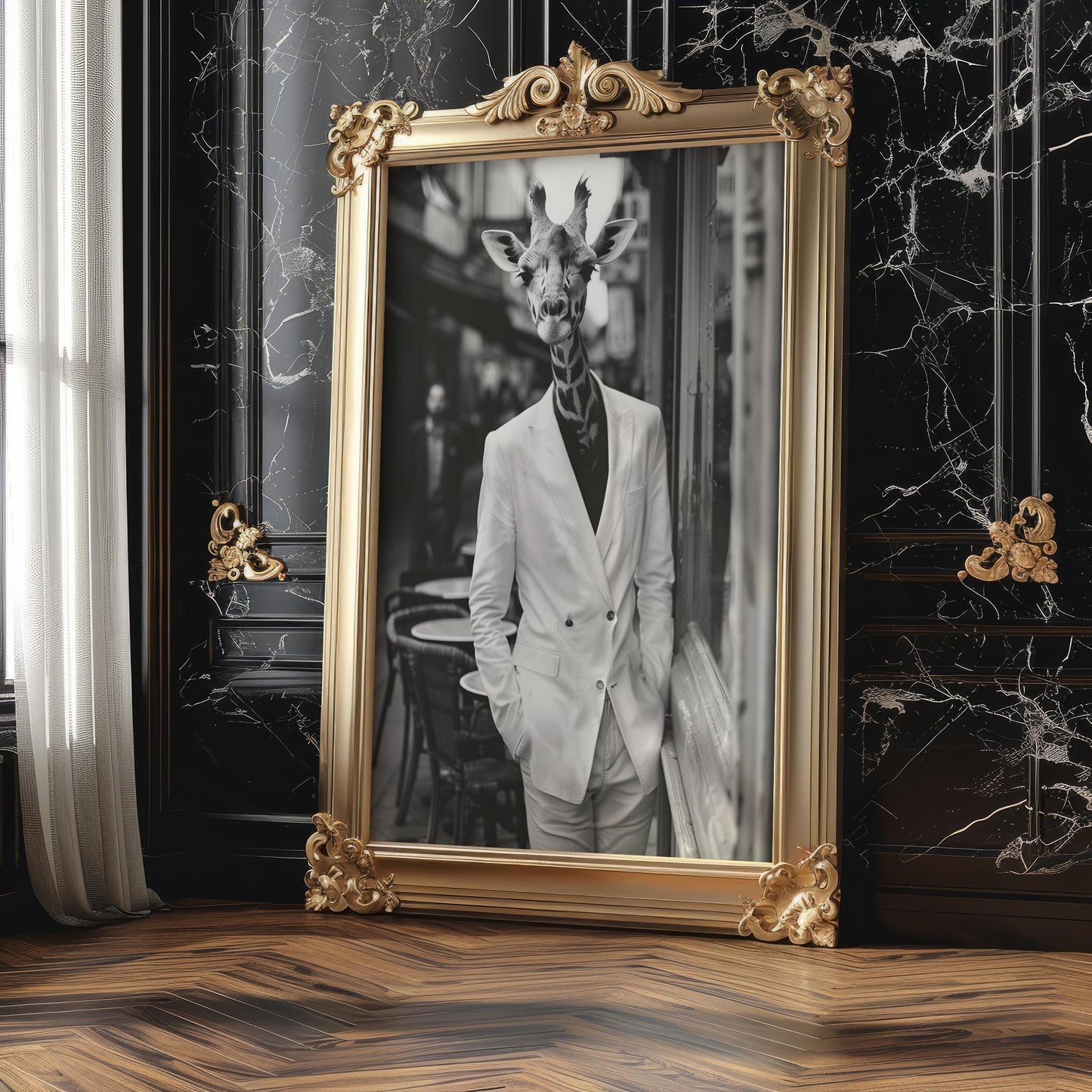 Designer Wall Art | Surreal Giraffe Portrait Print | Dapper Animal Photo Collage wall art print, minimalist black and white poster, modern Scandinavian wall decor, Monohaus