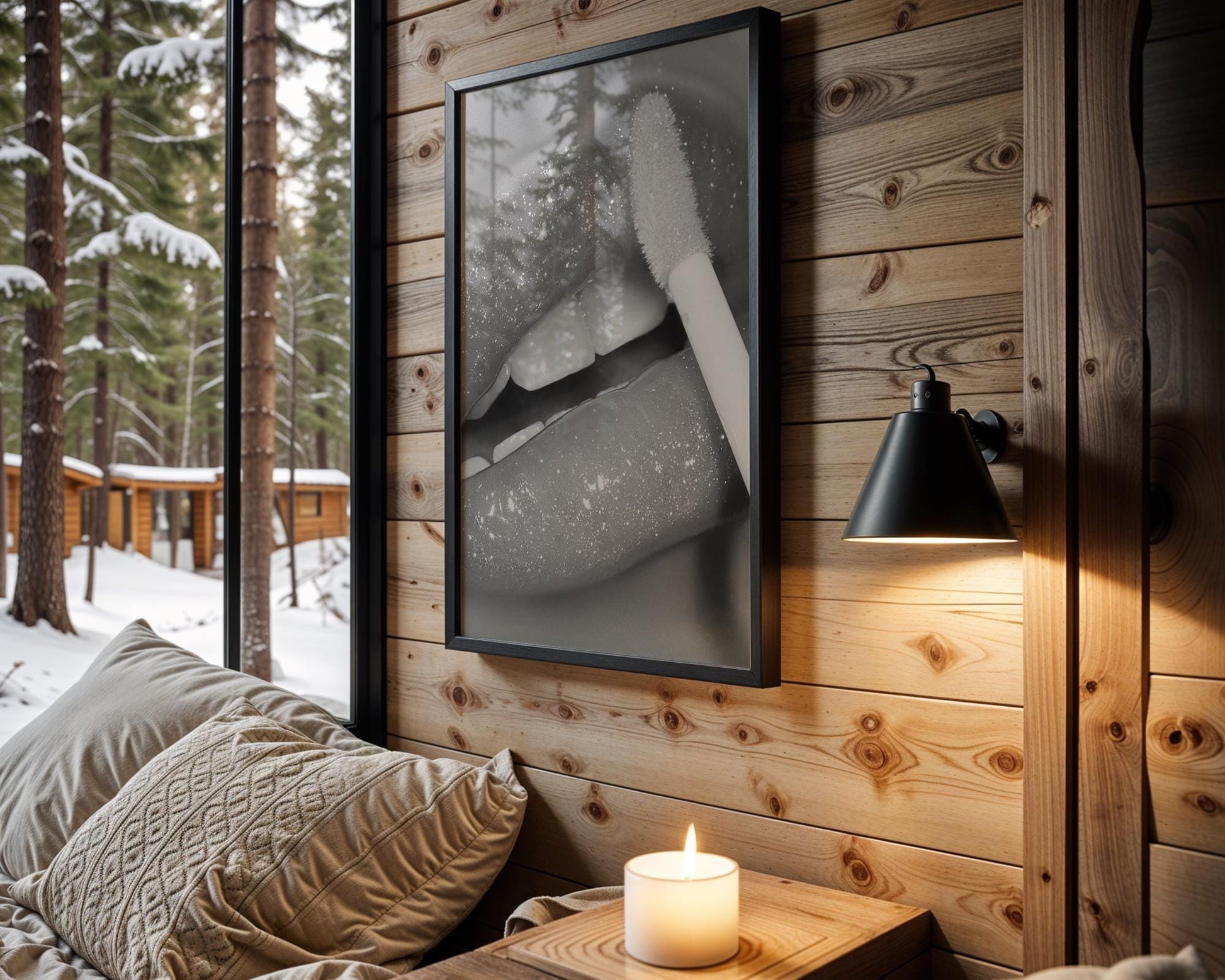 Designer Wall Art | Glitter Lips Print | Black and White Glam Makeup Photography wall art print, minimalist black and white poster, modern Scandinavian wall decor, Monohaus