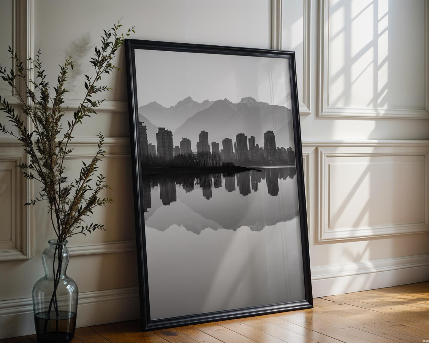 World Landmark | Vancouver Skyline Print | Black and White Mountain Reflection wall art print, minimalist black and white poster, modern Scandinavian wall decor, Monohaus