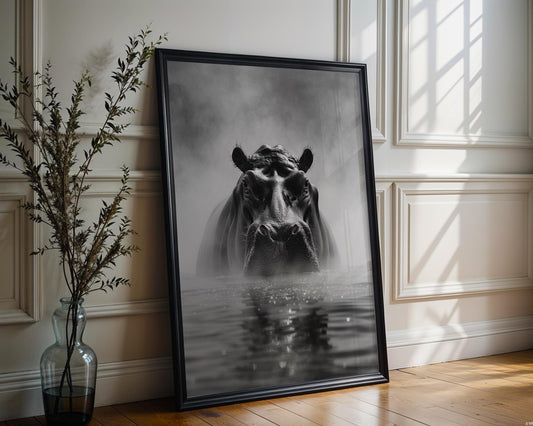 Wildlife Poster | Hippo Portrait Print | Minimalist Black & White  Photography wall art print, minimalist black and white poster, modern Scandinavian wall decor, Monohaus
