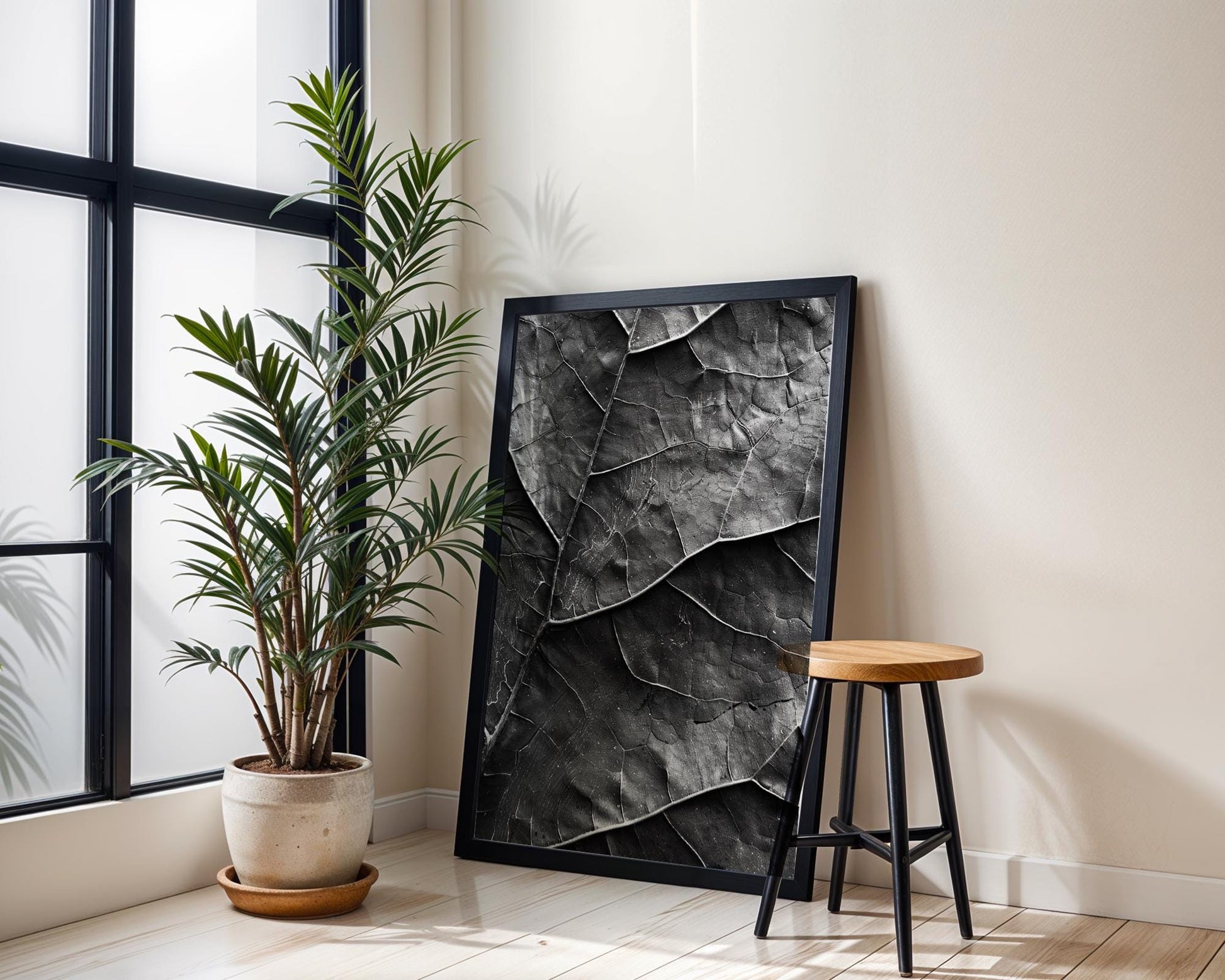 Botanical Photo | Dark  Leaf Print | Moody Macro Veins Photography wall art print, minimalist black and white poster, modern Scandinavian wall decor, Monohaus