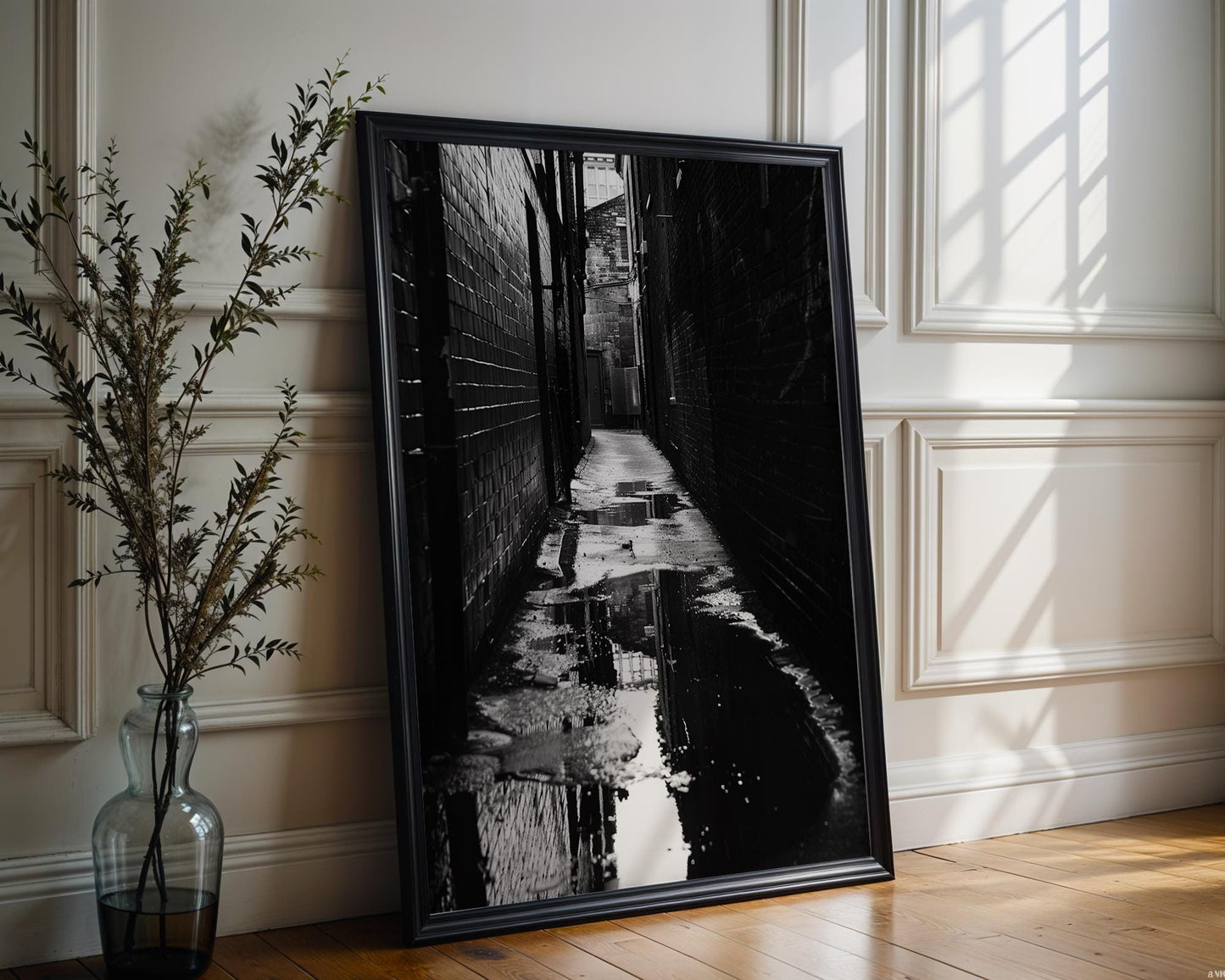 Urban Photography | Moody Cobblestone Alley Print | Black and White Urban Fine Art black and white photo print, minimalist monochrome wall art poster for modern interiors, Monohaus