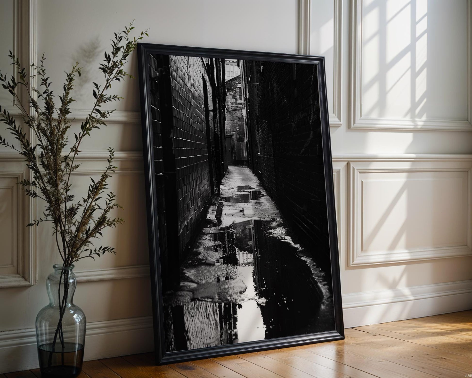 Urban Photography | Moody Cobblestone Alley Print | Black and White Urban Fine Art black and white photo print, minimalist monochrome wall art poster for modern interiors, Monohaus