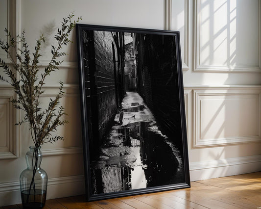 Urban Photography | Moody Cobblestone Alley Print | Black and White Urban Fine Art black and white photo print, minimalist monochrome wall art poster for modern interiors, Monohaus