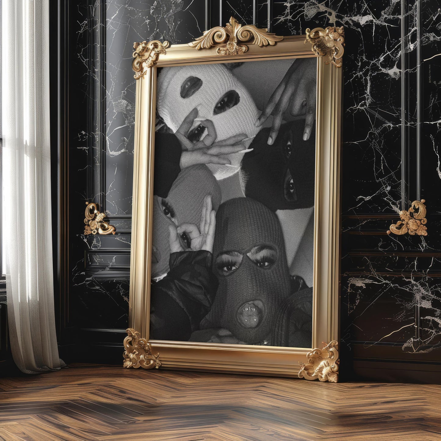 Designer Wall Art | Balaclava Girls Print | Edgy Black and White Fashion Poster wall art print, minimalist black and white poster, modern Scandinavian wall decor, Monohaus