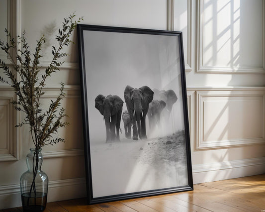 Wildlife Poster | Elephant Herd Print | Black & White Safari Photography, Modern Nature Decor wall art print, minimalist black and white poster, modern Scandinavian wall decor, Monohaus