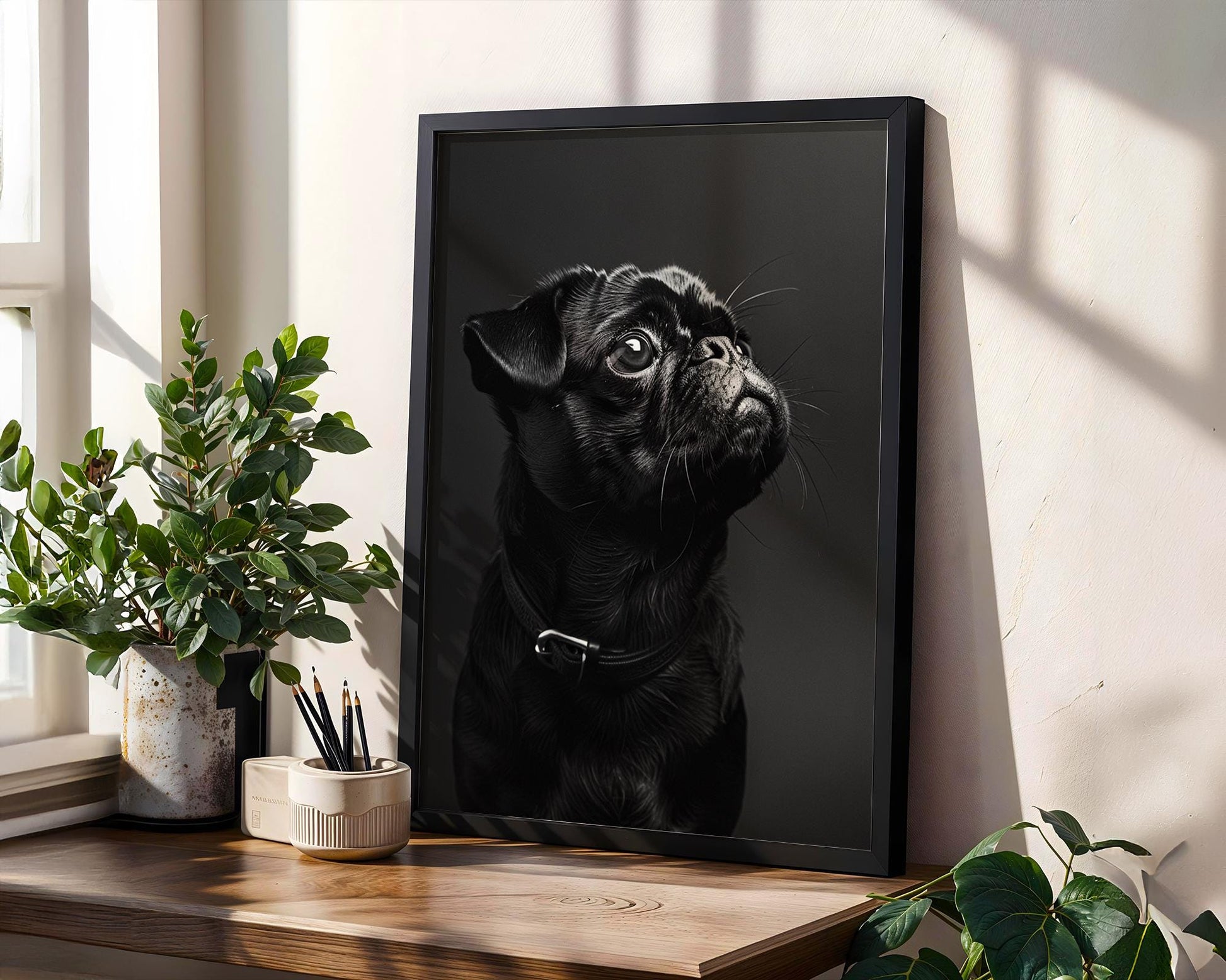 Dog Photography Black Pug Portrait Print | Minimalist Pet Poster wall art print, minimalist black and white poster, modern Scandinavian wall decor, Monohaus
