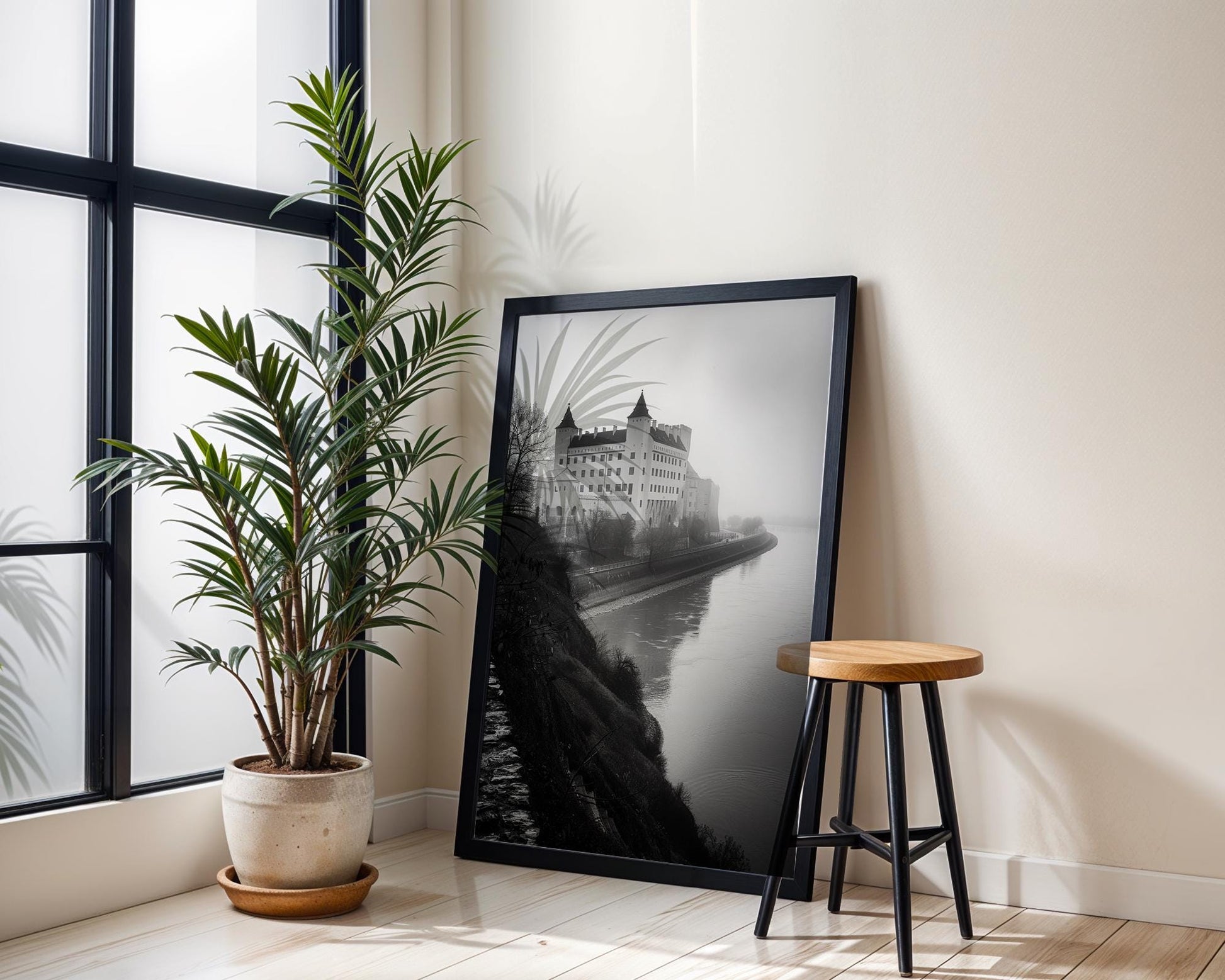 World Landmark | Bratislava Castle Print | Danube River, Black and White Photography wall art print, minimalist black and white poster, modern Scandinavian wall decor, Monohaus