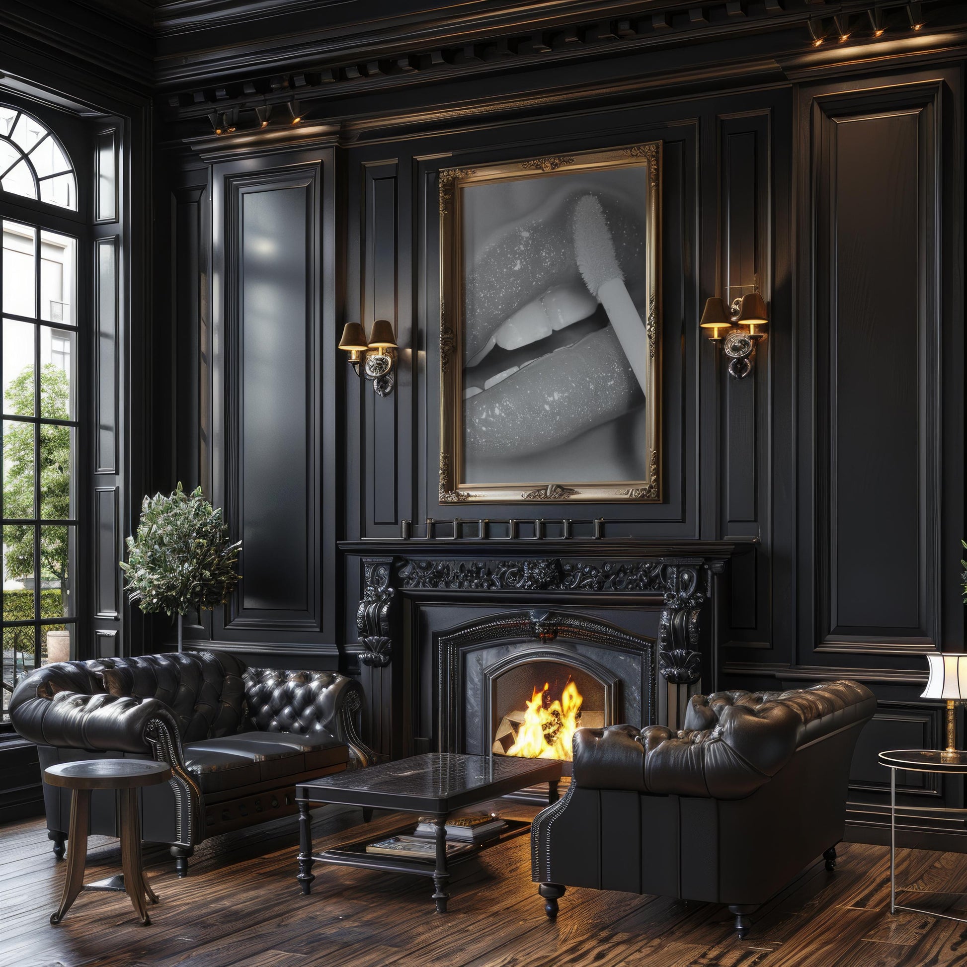 Designer Wall Art | Glitter Lips Print | Black and White Glam Makeup Photography wall art print, minimalist black and white poster, modern Scandinavian wall decor, Monohaus