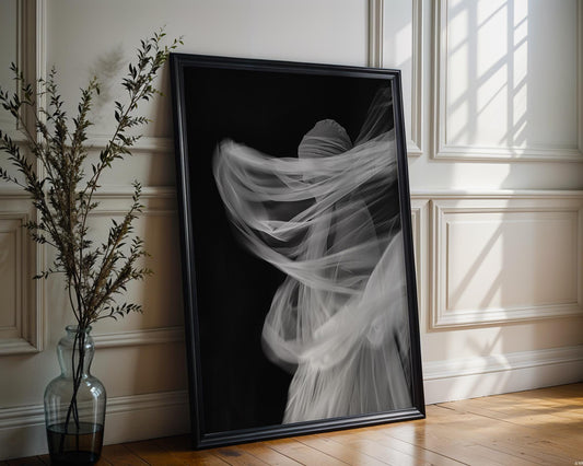 Minimal Wall Art Flowing Veil Photography Print | Dreamlike Black and White Home wall art print, minimalist black and white poster, modern Scandinavian wall decor, Monohaus