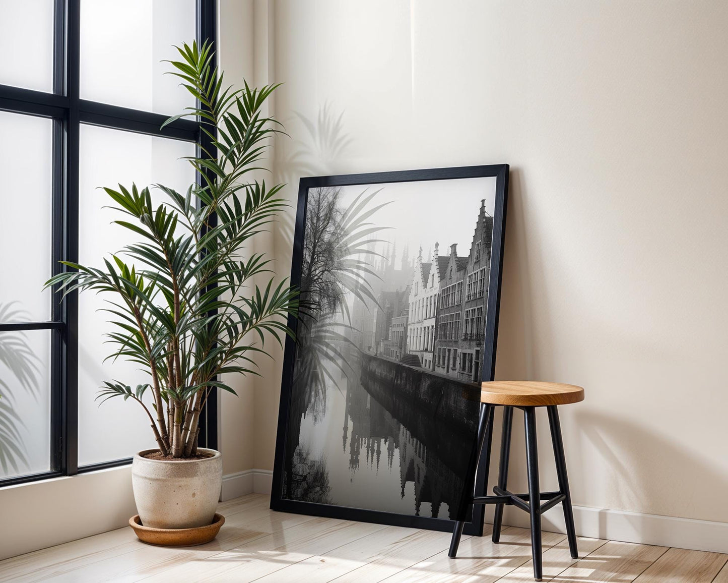 World Landmark | Bruges Belgium Photography Print | Black and White Canal Reflection wall art print, minimalist black and white poster, modern Scandinavian wall decor, Monohaus