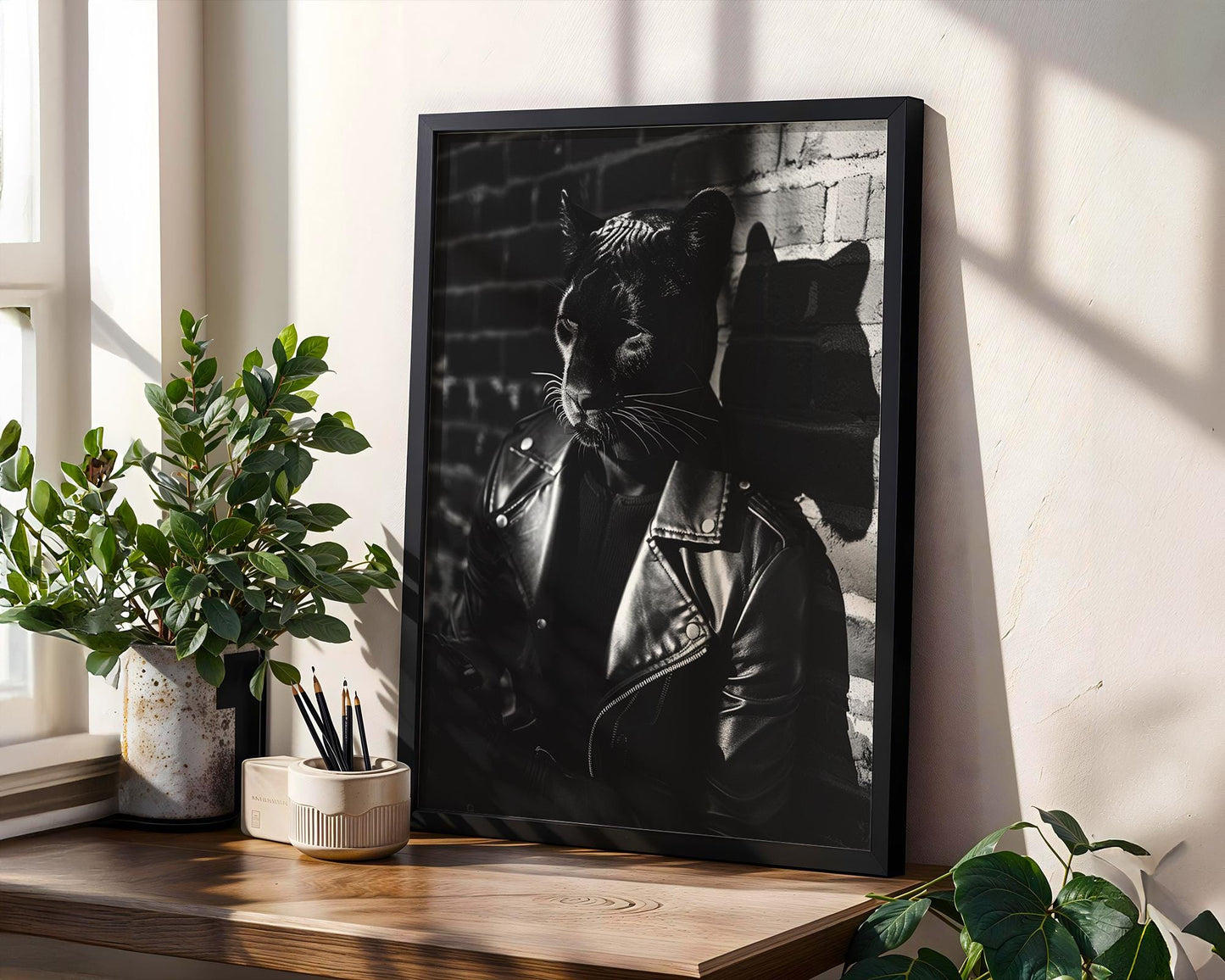 Minimal Wall Art Panther in Leather Jacket Print | Black and White Urban Animal Portrait black and white photo print, minimalist monochrome wall art poster for modern interiors, Monohaus