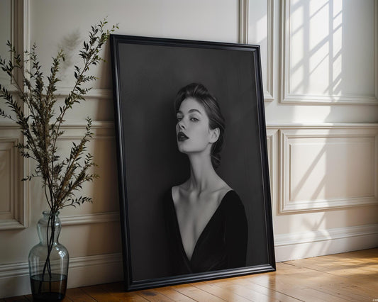 Minimal Wall Art Dark Lipstick Woman Portrait Print | Moody Velvet Dress Photography wall art print, minimalist black and white poster, modern Scandinavian wall decor, Monohaus