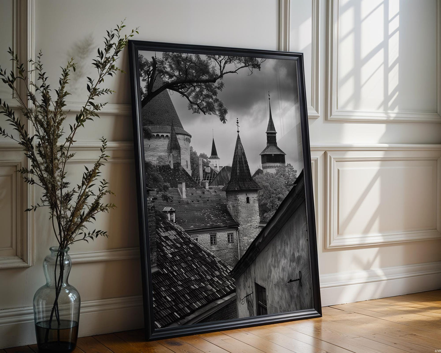 World Landmark | Tallinn Old Town Rooftops Print | Black and White Estonia Architecture
