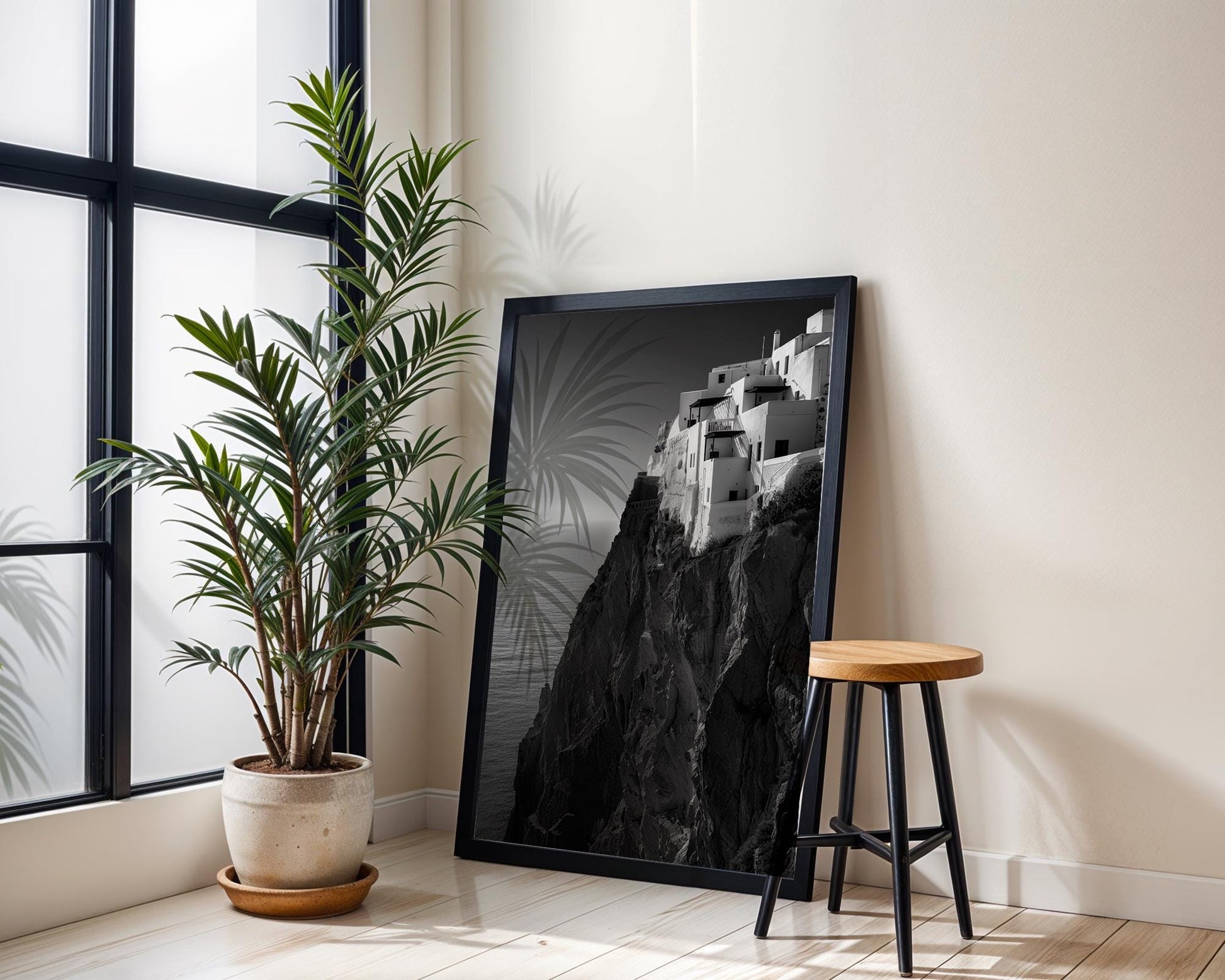 World Landmark | Santorini Cliff Houses Print | Black and White Greece Architecture wall art print, black and white architectural poster, minimalist modern Scandinavian wall decor, Monohaus