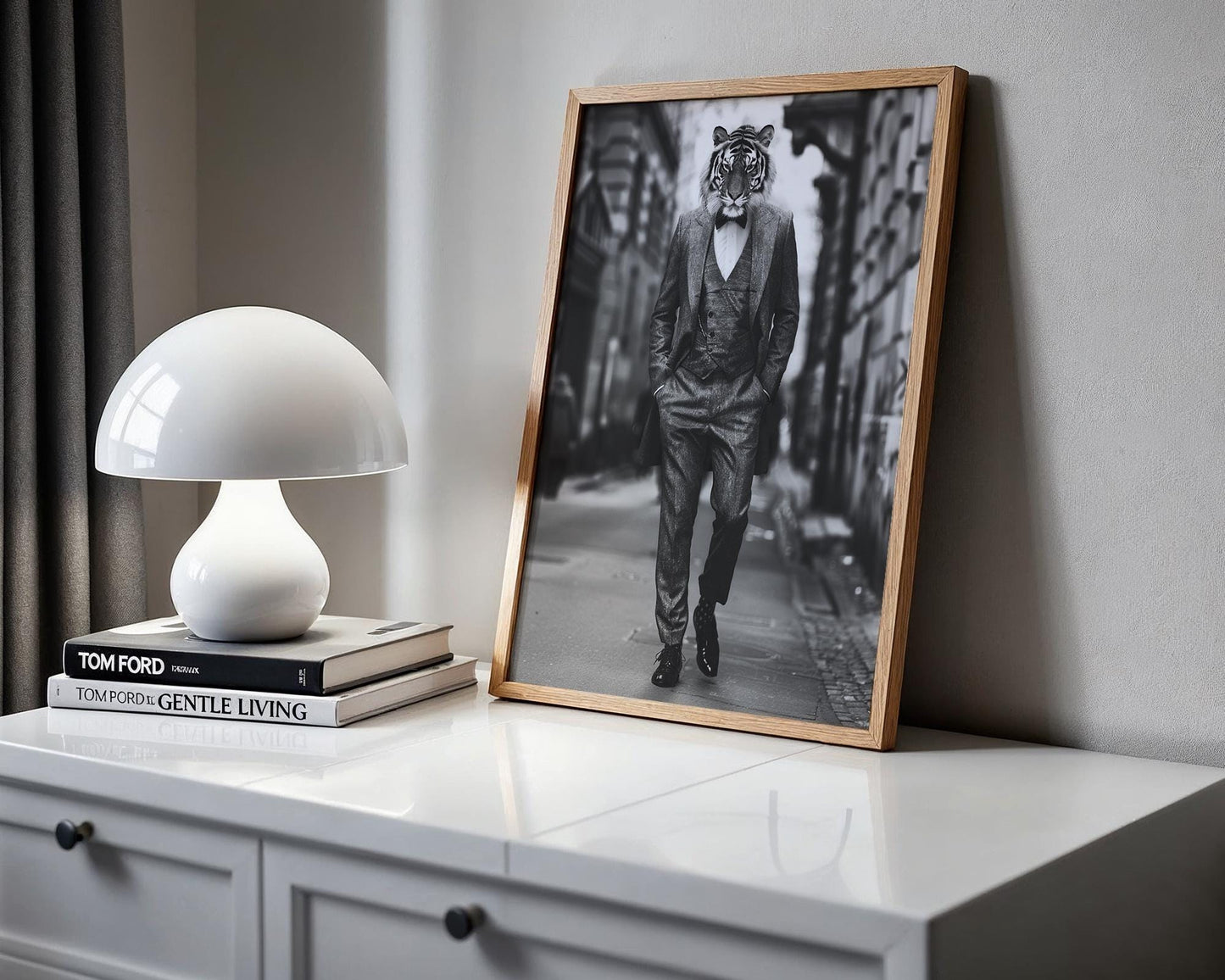 Designer Wall Art | Tiger Print in Full Tweed Suit | Black and White Photography wall art print, minimalist black and white poster, modern Scandinavian wall decor, Monohaus