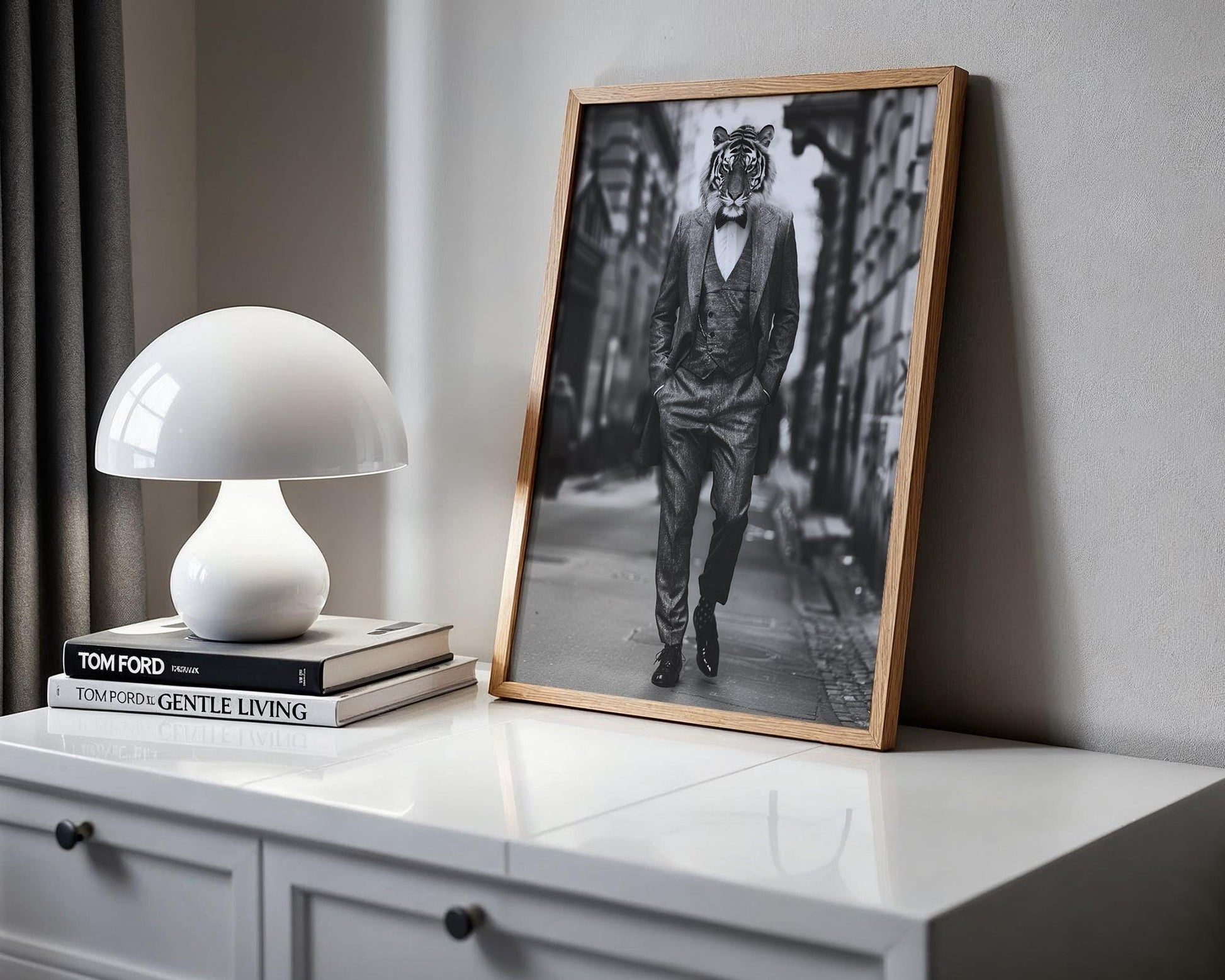 Designer Wall Art | Tiger Print in Full Tweed Suit | Black and White Photography wall art print, minimalist black and white poster, modern Scandinavian wall decor, Monohaus