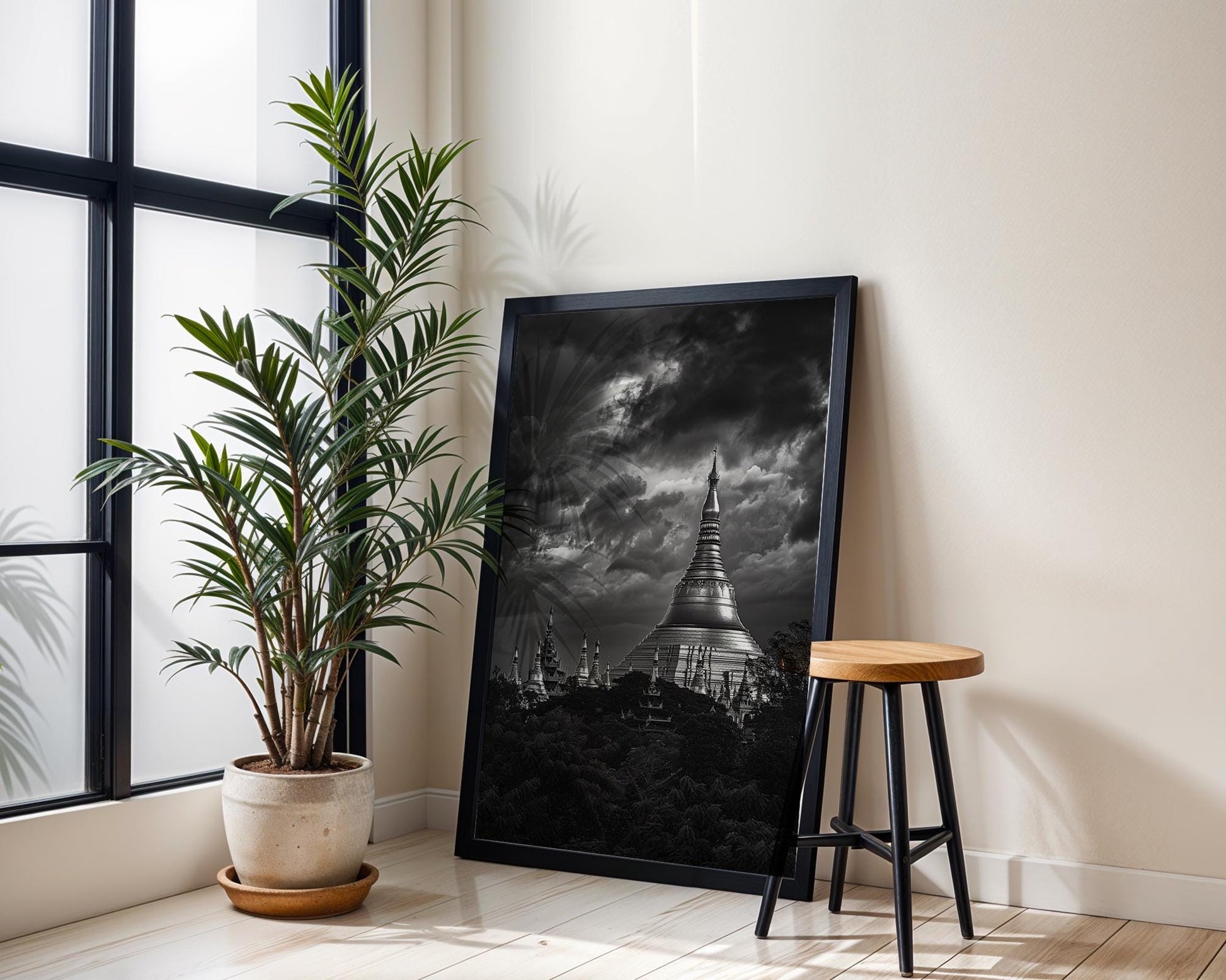 World Landmark | Shwedagon Pagoda Print | Yangon, Myanmar Black & White Photography wall art print, minimalist black and white poster, modern Scandinavian wall decor, Monohaus