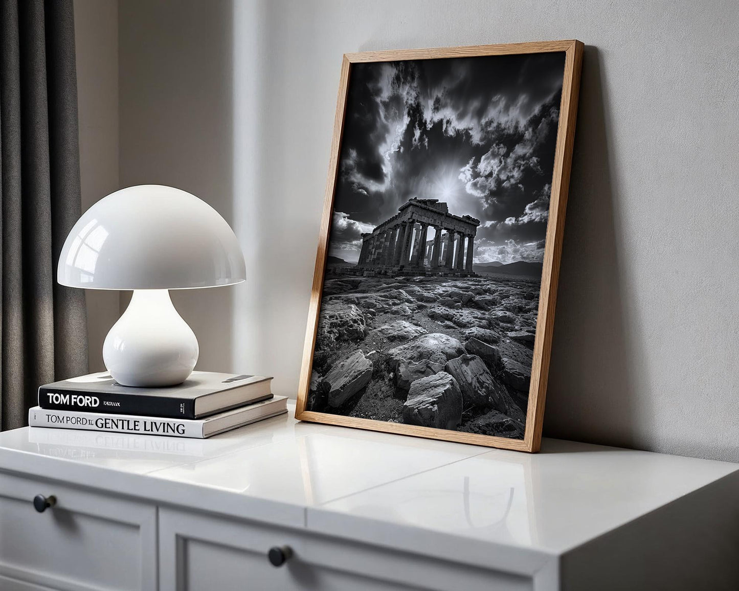 World Landmark | Parthenon Temple Sunburst Print | Black and White Athens Architecture