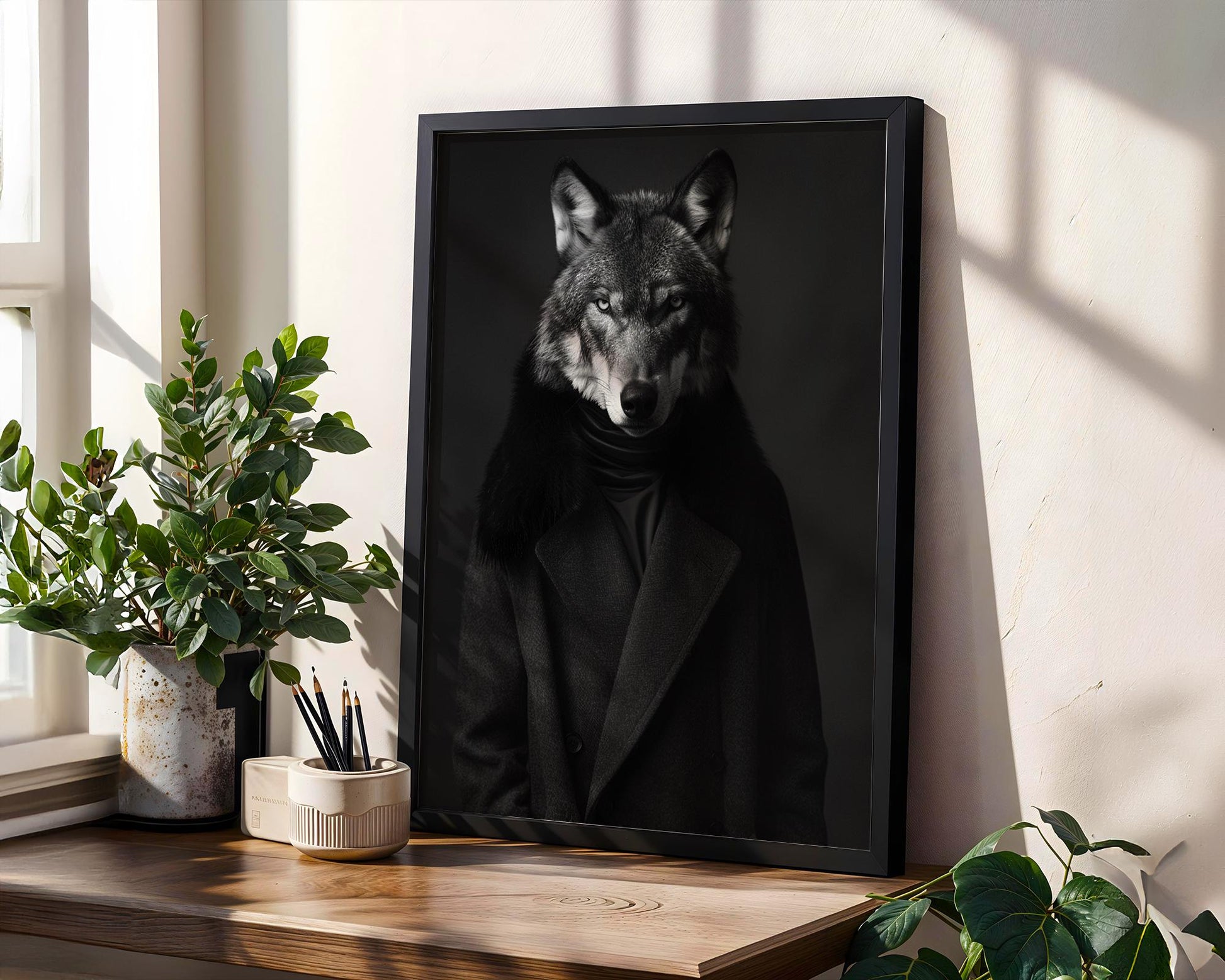 Designer Wall Art | Wolf Portrait Print | Black and White Animal Photography wall art print, minimalist black and white poster, modern Scandinavian wall decor, Monohaus