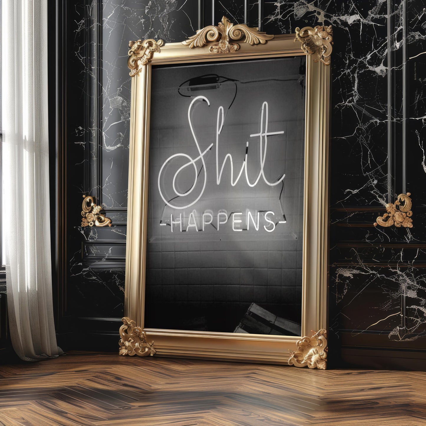 Designer Wall Art | Shit Happens Neon Sign Print | Black & White Quote Poster typography wall art print, minimalist black and white type poster, modern graphic design decor, Monohaus