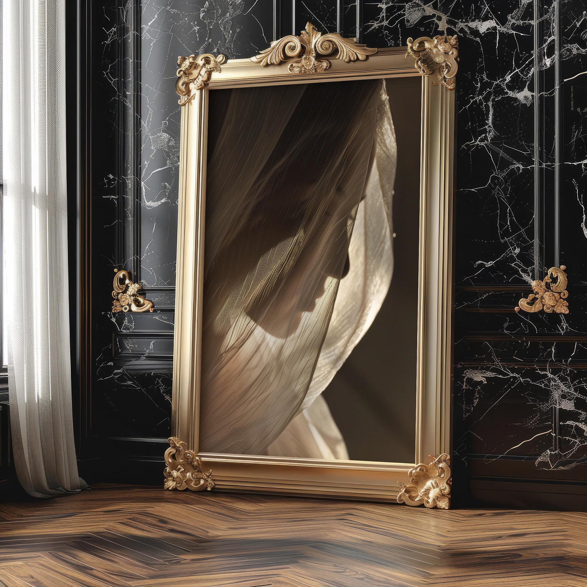 Minimal Wall Art Ethereal Veiled Woman Art Print | Dark Feminine Silhouette Photo wall art print, minimalist black and white poster, modern Scandinavian wall decor, Monohaus