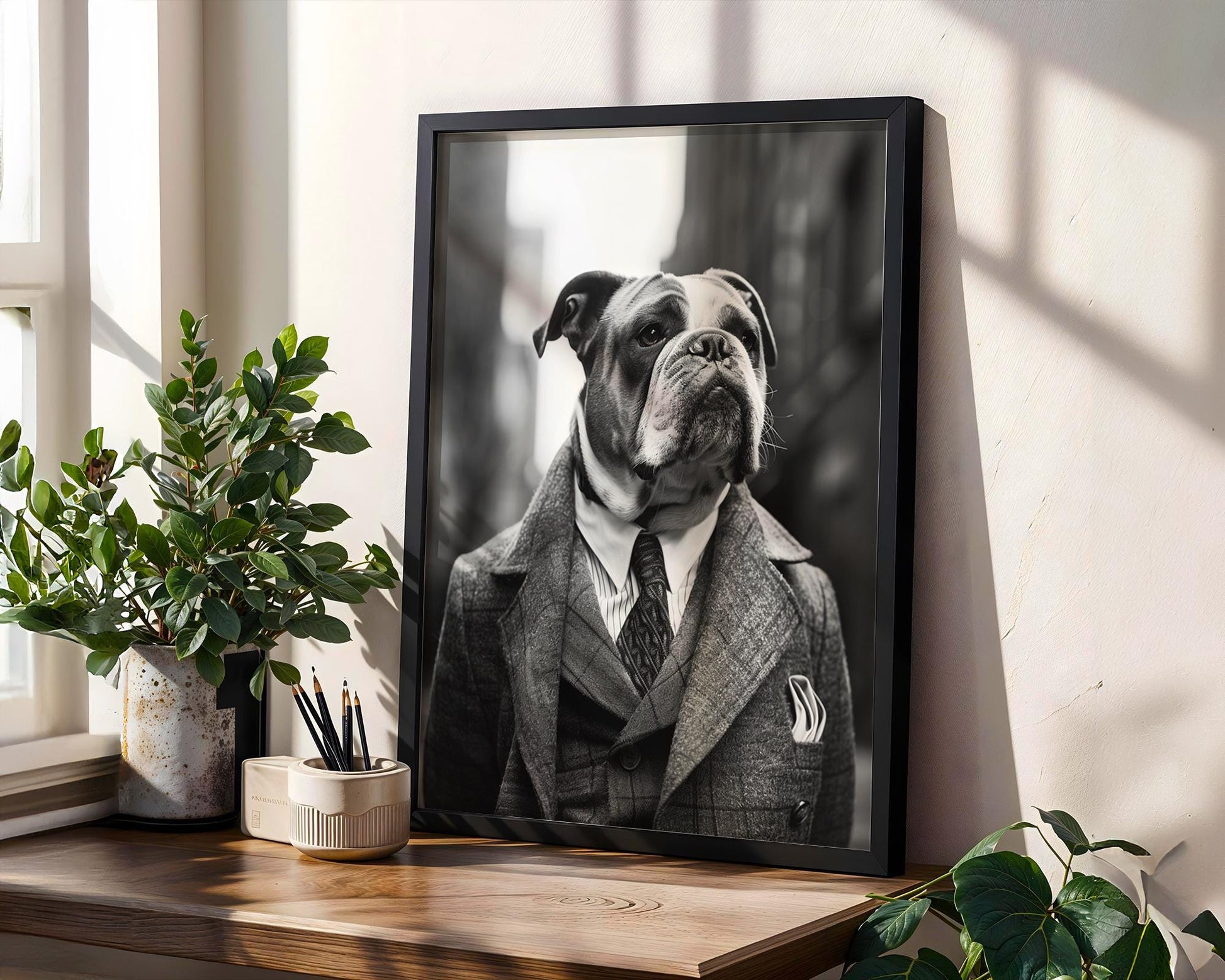 Dog Photography English Bulldog Tweed Coat Portrait | Vintage Pet Art Print wall art print, minimalist black and white poster, modern Scandinavian wall decor, Monohaus