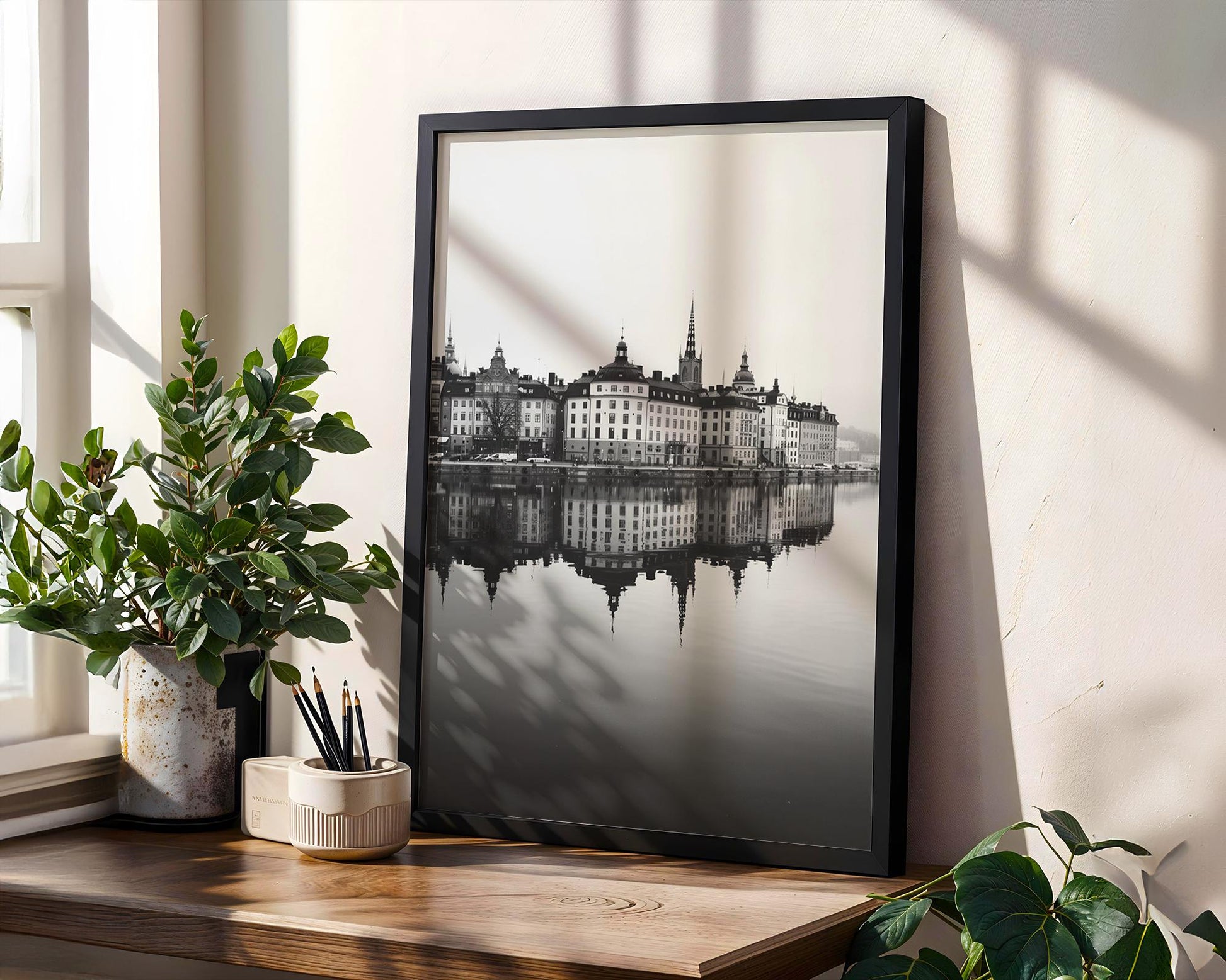 World Landmark | Stockholm Photography Print | Gamla Stan Waterfront, Scandinavian Art wall art print, minimalist black and white poster, modern Scandinavian wall decor, Monohaus