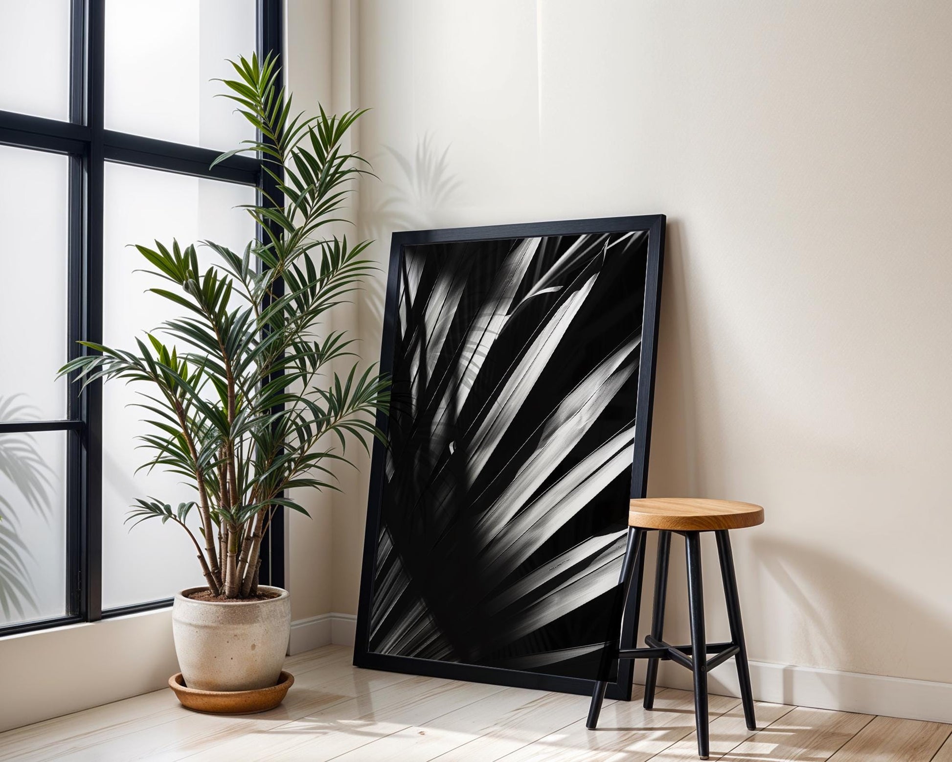 Botanical Photo | Abstract Palm Leaf Shadows | Black and White Photography Print abstract wall art print, geometric minimalist poster, modern Scandinavian decor, Monohaus