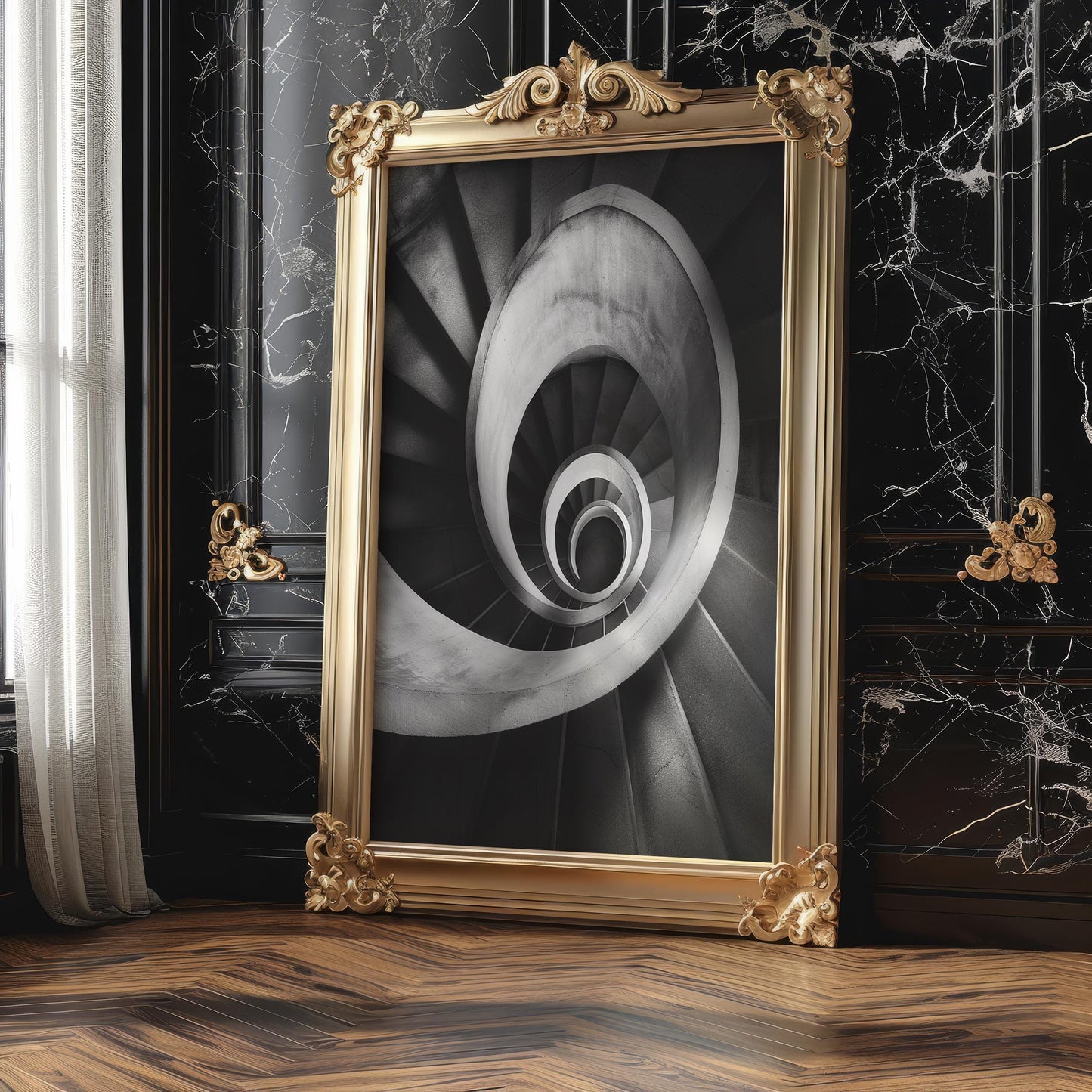 Minimal Wall Art Stair Spiral | Black and White Urban Architecture Photography wall art print, black and white architectural poster, minimalist modern Scandinavian wall decor, Monohaus