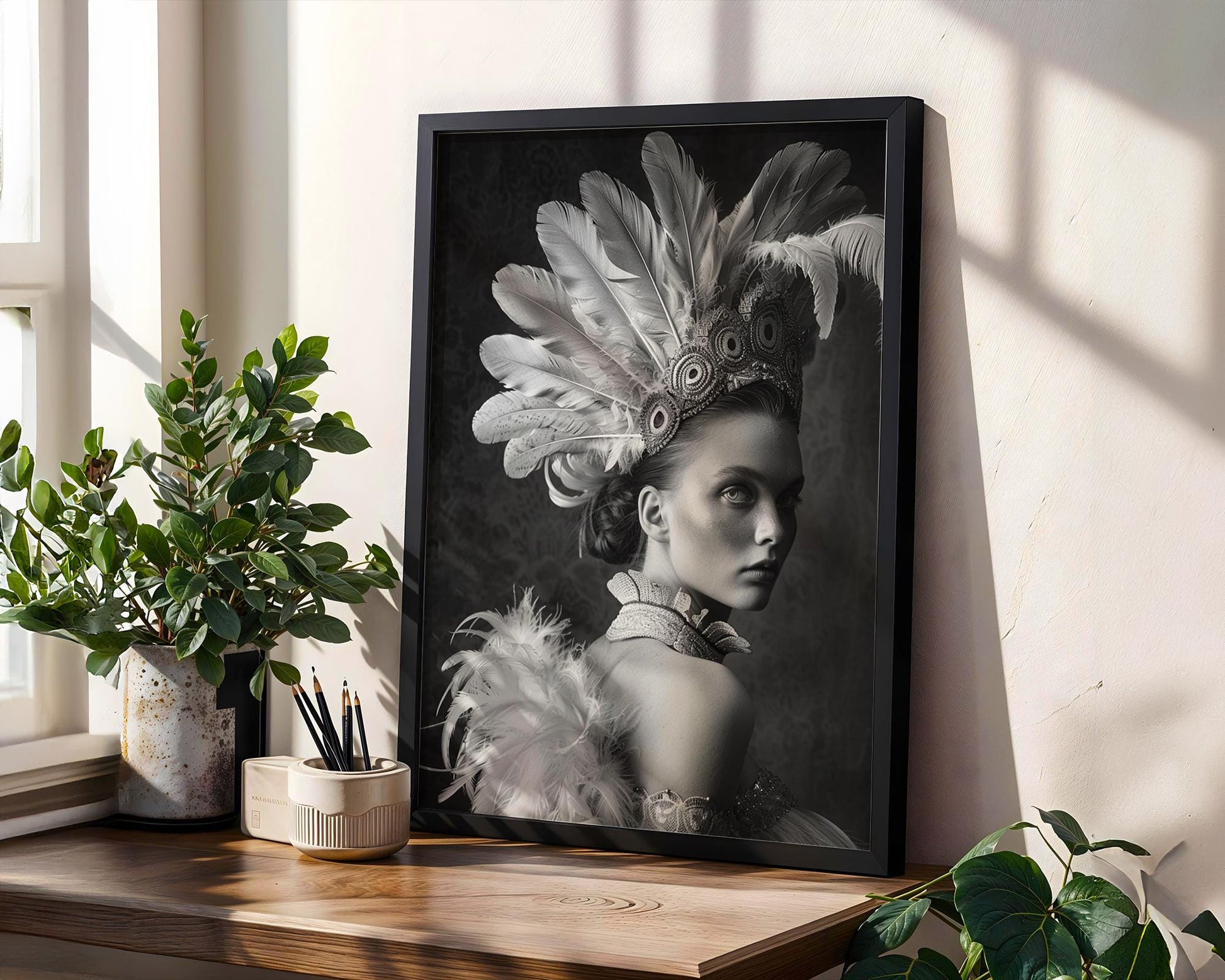 Feathered Headdress Portrait | Black and White Photography Print wall art print, minimalist black and white poster, modern Scandinavian wall decor, Monohaus