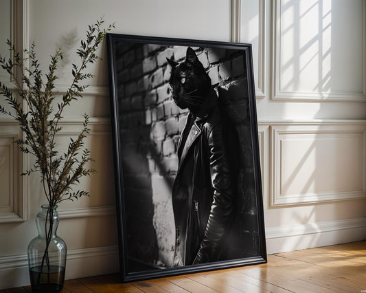 Minimal Wall Art Panther in Leather Jacket Art Print | Black and White Modern Decor wall art print, minimalist black and white poster, modern Scandinavian wall decor, Monohaus