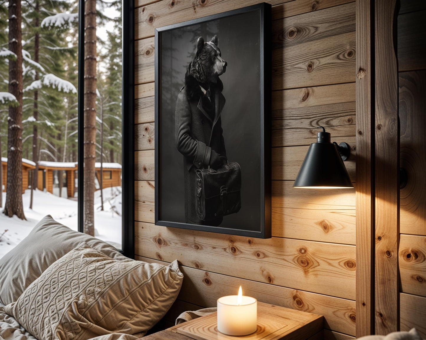 Designer Wall Art | Monochrome Bear Portrait Print | Fine Art Animal in Coat wall art print, minimalist black and white poster, modern Scandinavian wall decor, Monohaus