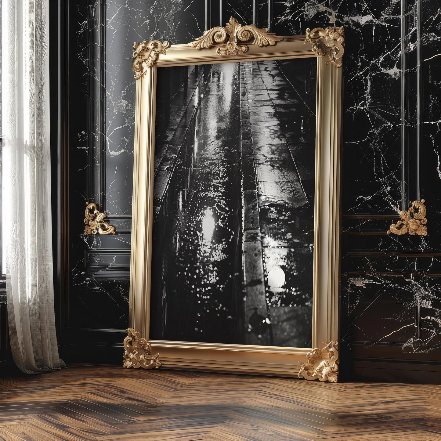 Rainy Night Street Photography Print | Black & White Urban Decor black and white photo print, minimalist monochrome wall art poster for modern interiors, Monohaus