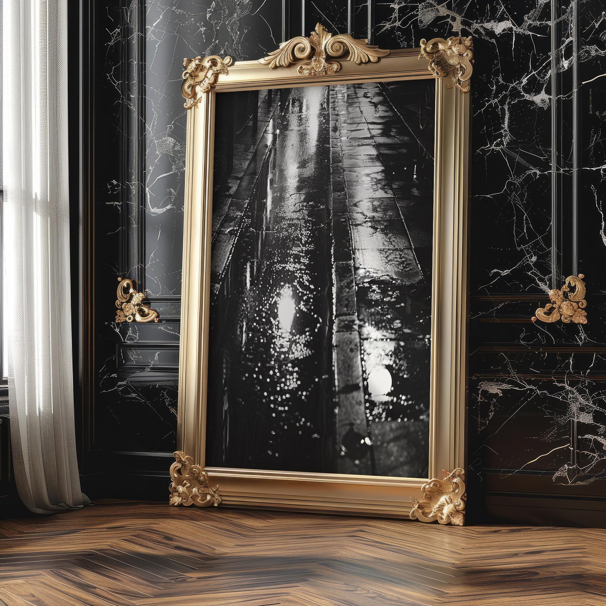 Rainy Night Street Photography Print | Black & White Urban Decor black and white photo print, minimalist monochrome wall art poster for modern interiors, Monohaus