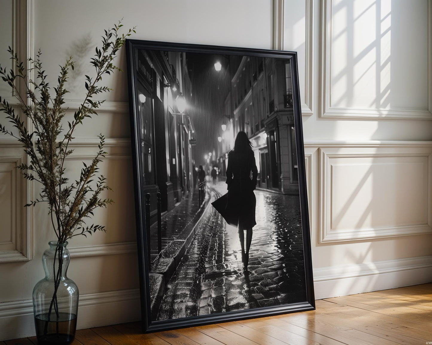 Urban Photography | Paris Street Photography Print | Noir Fine Art, Woman Walking at Night black and white photo print, minimalist monochrome wall art poster for modern interiors, Monohaus